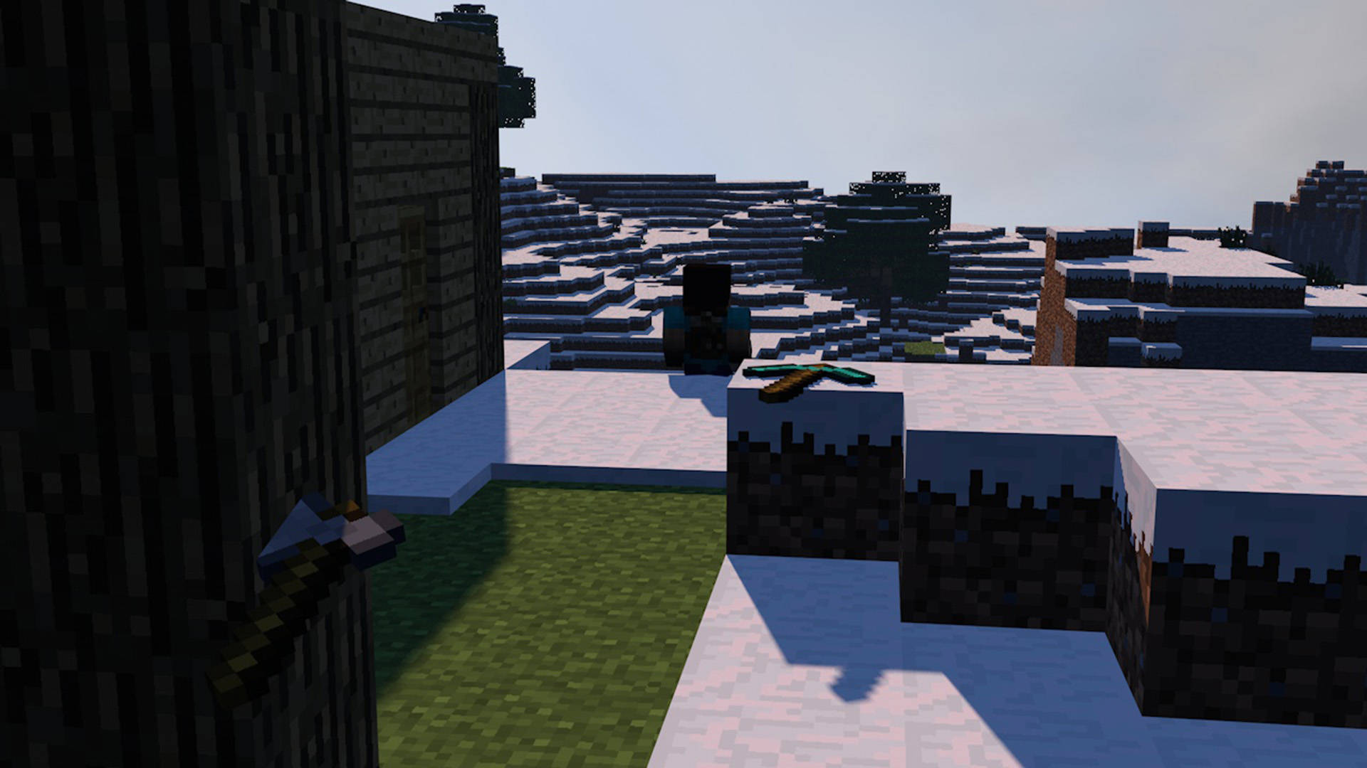 4K Minecraft 壁紙 桌布 壁紙 — 一個像素化的Minecraft玩家站在積雪的屋頂上，俯瞰著晴朗天空下的方塊狀山景。