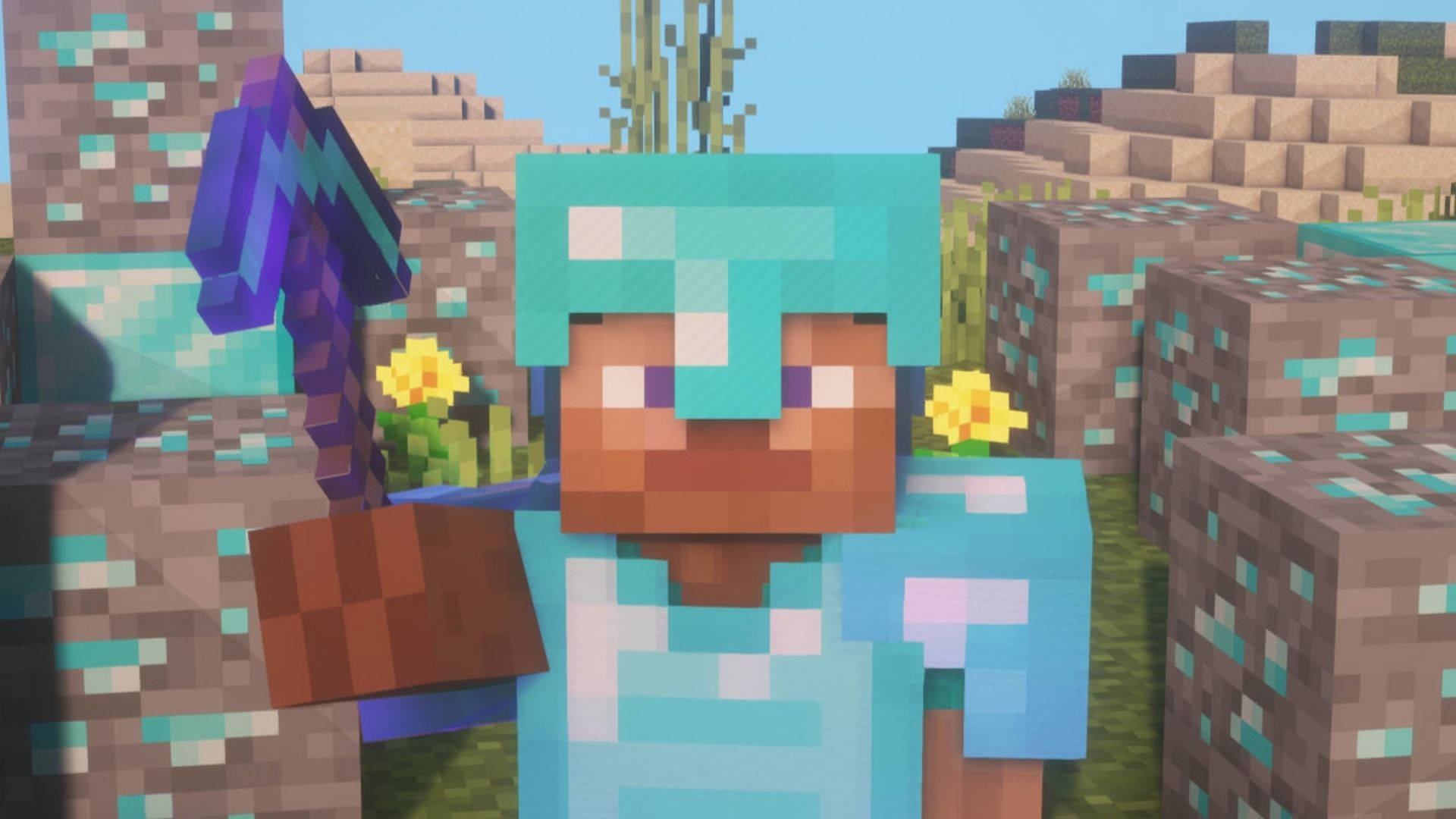 我的世界 鑽石 桌布 壁紙 — 一個像素化的Minecraft玩家穿著鑽石盔甲，在一個有仙人掌和花朵的沙漠生物群落中拿著鑽石鎬。