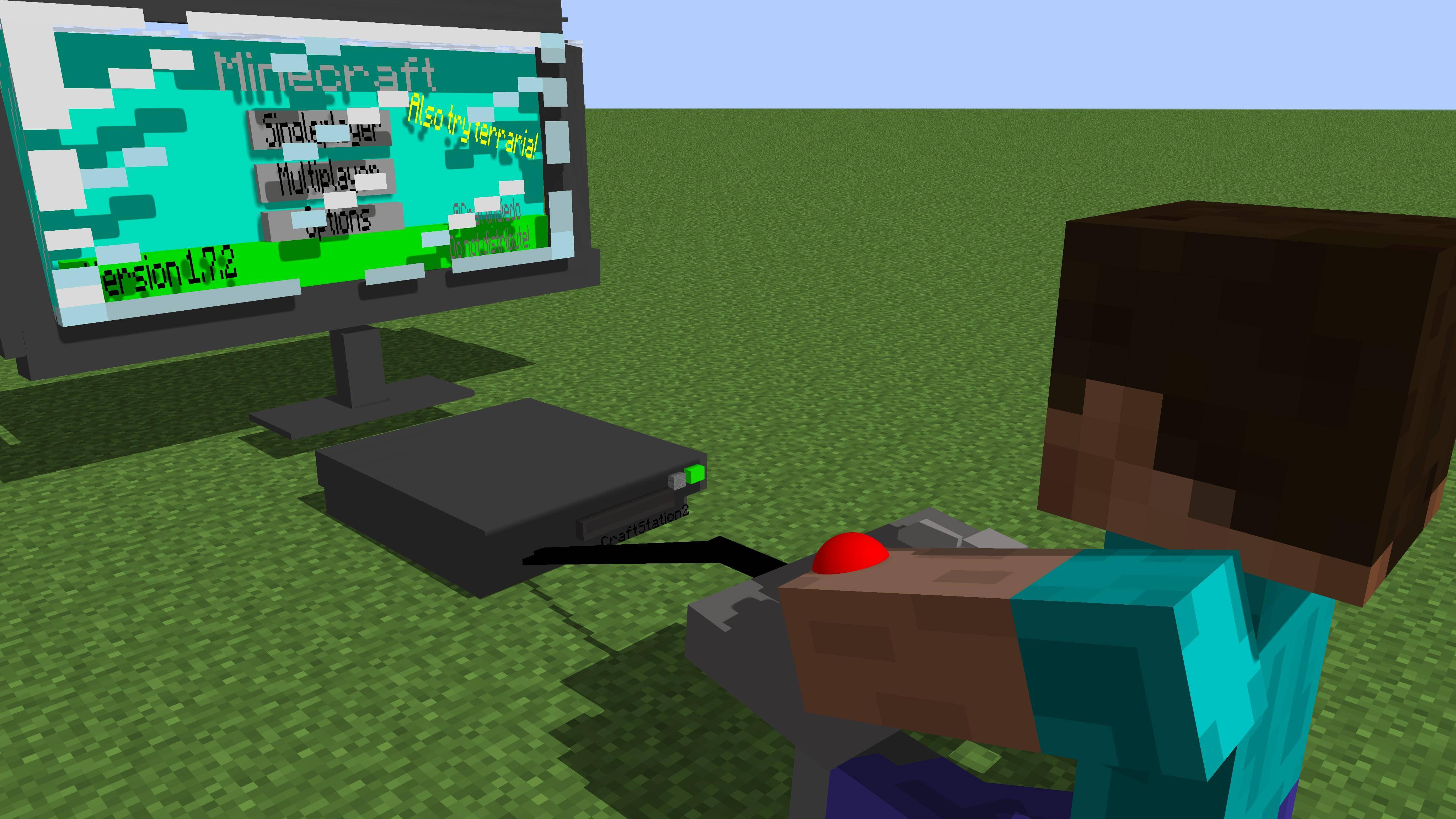 4K Minecraft 壁紙 桌布 壁紙 — 一個像素化的Minecraft玩家坐在戶外的草地上，面向顯示遊戲主選單（版本1.7.2）的顯示器。
