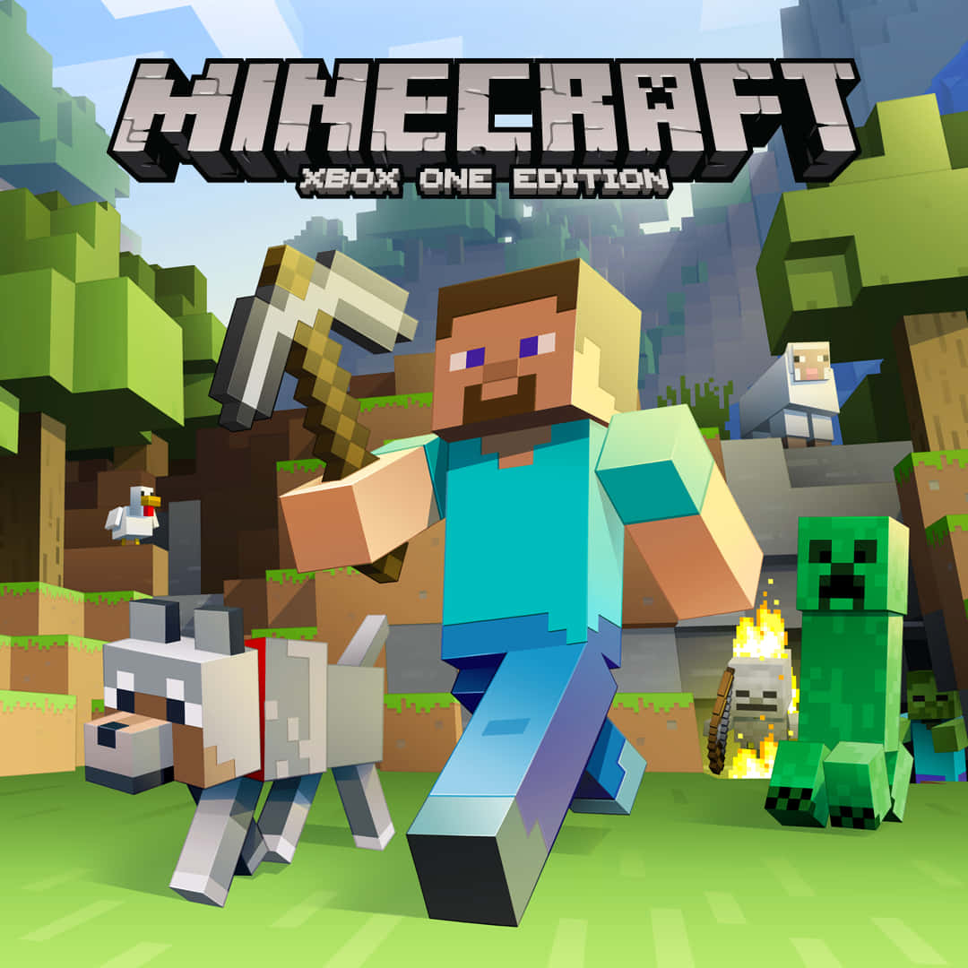 我的世界 桌布 壁紙 — 一個像素化的Minecraft玩家拿著鎬，站在一個方塊森林中，旁邊有狼、羊、苦力怕和雞。