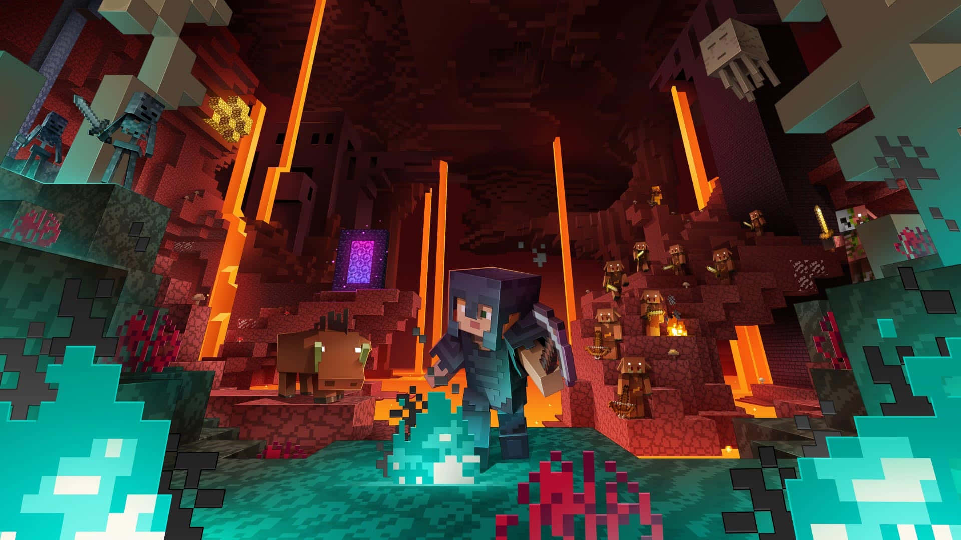 Minecraft Fan Art 桌布 壁紙 — 一個像素化的Minecraft玩家站在一個熾熱的地獄堡壘中，周圍是發光的熔岩和敵對生物。