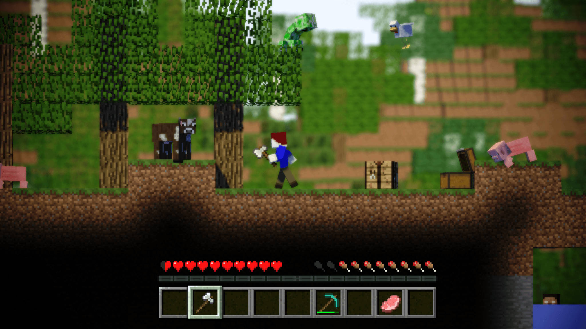 我的世界 高畫質壁紙 桌布 壁紙 — 一個像素化的Minecraft玩家在明亮的天空下探索有動物和寶箱的森林。