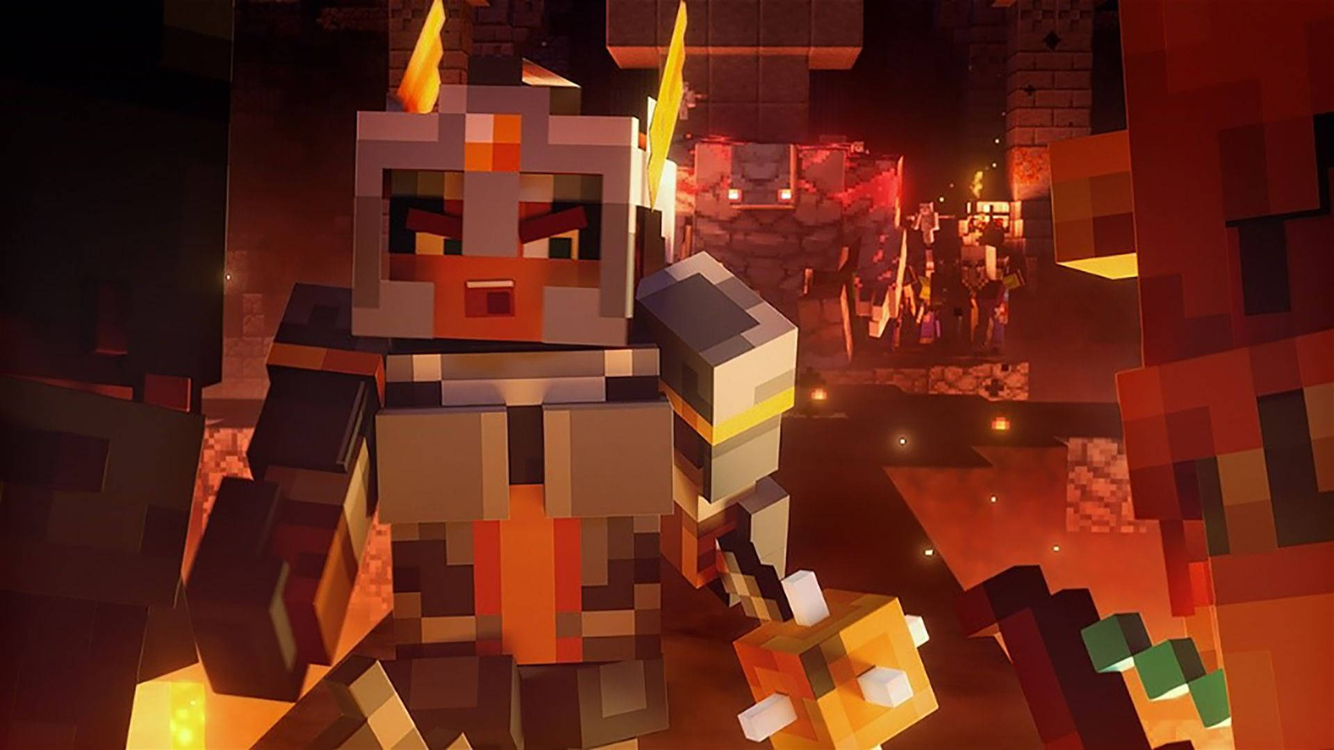 電玩遊戲 桌布 壁紙 — 一個像素化的Minecraft盔甲騎士在熾熱的地牢中，背景有發光的火炬和敵人，堅定地站立。