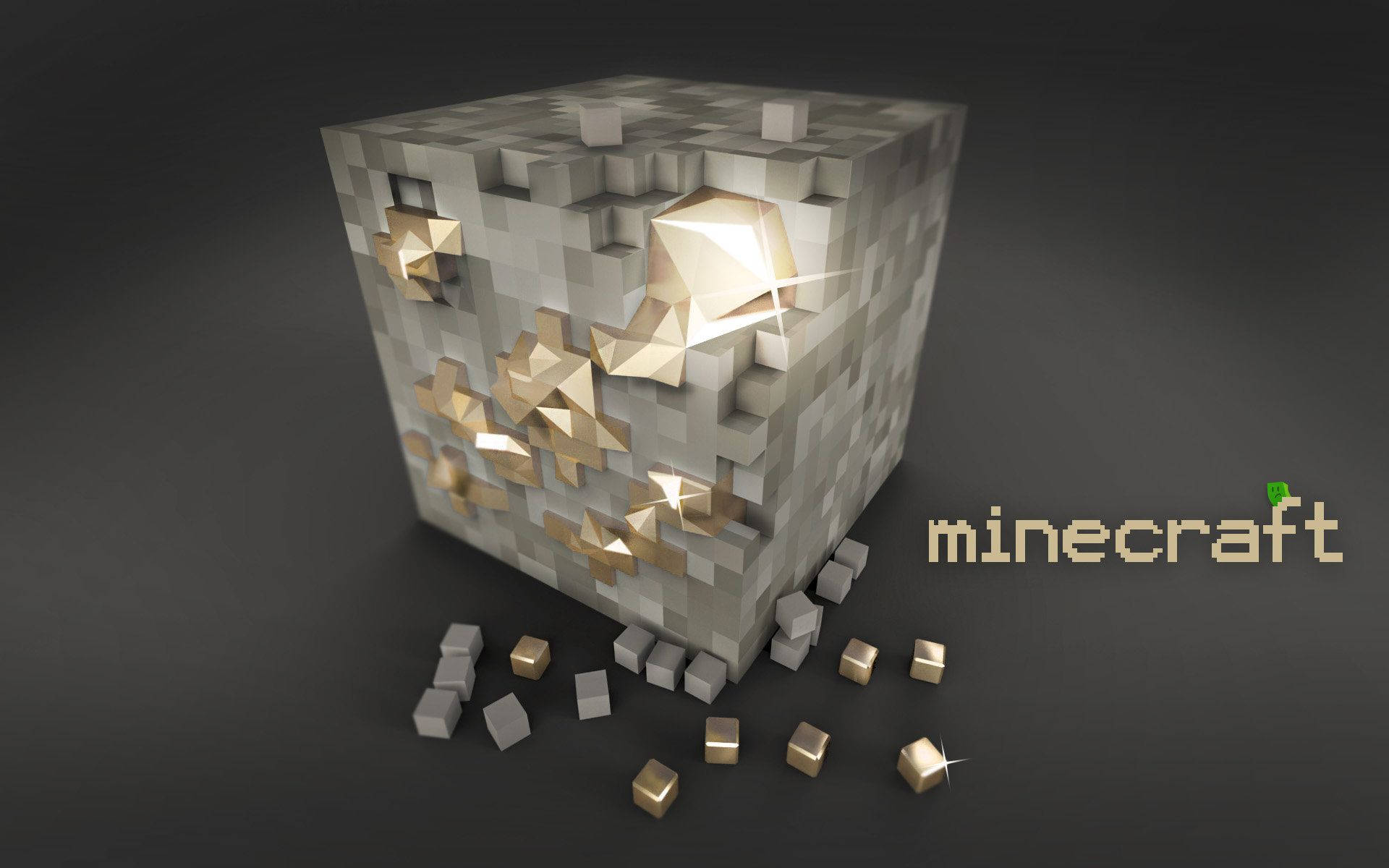 4K Minecraft 壁紙 桌布 壁紙 — 一個像素化的Minecraft石塊，上面嵌入並散落著發光的金錠，背景為深色表面。