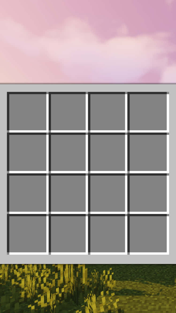 Minecraft Phone 桌布 壁紙 — 一個像素化的Minecraft窗戶框住了上方的粉紅色天空和下方的草地地形，採用方塊風格。