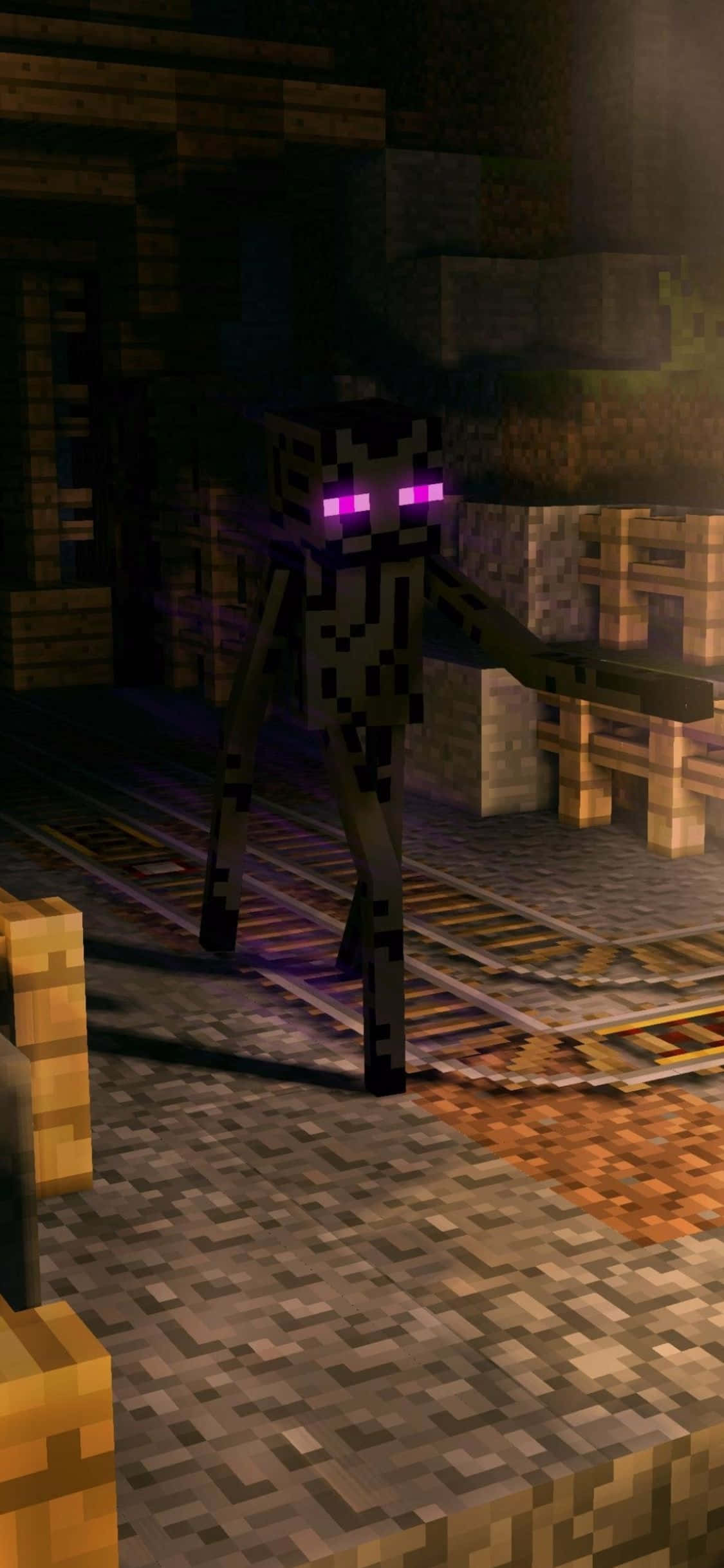 iPhone Xs Minecraft 桌布 壁紙 — 一個像素化的Minecraft終界使者威脅性地站在昏暗地鐵站的鐵軌上。