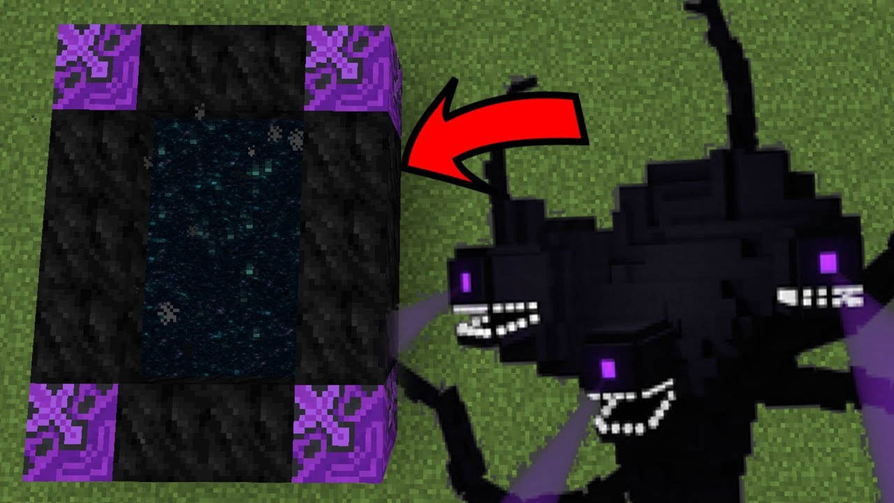 Wither 桌布 壁紙 — 一個像素化的Minecraft終界使者站在一個帶有紫色框架和旋轉黑暗粒子的終界傳送門旁邊。
