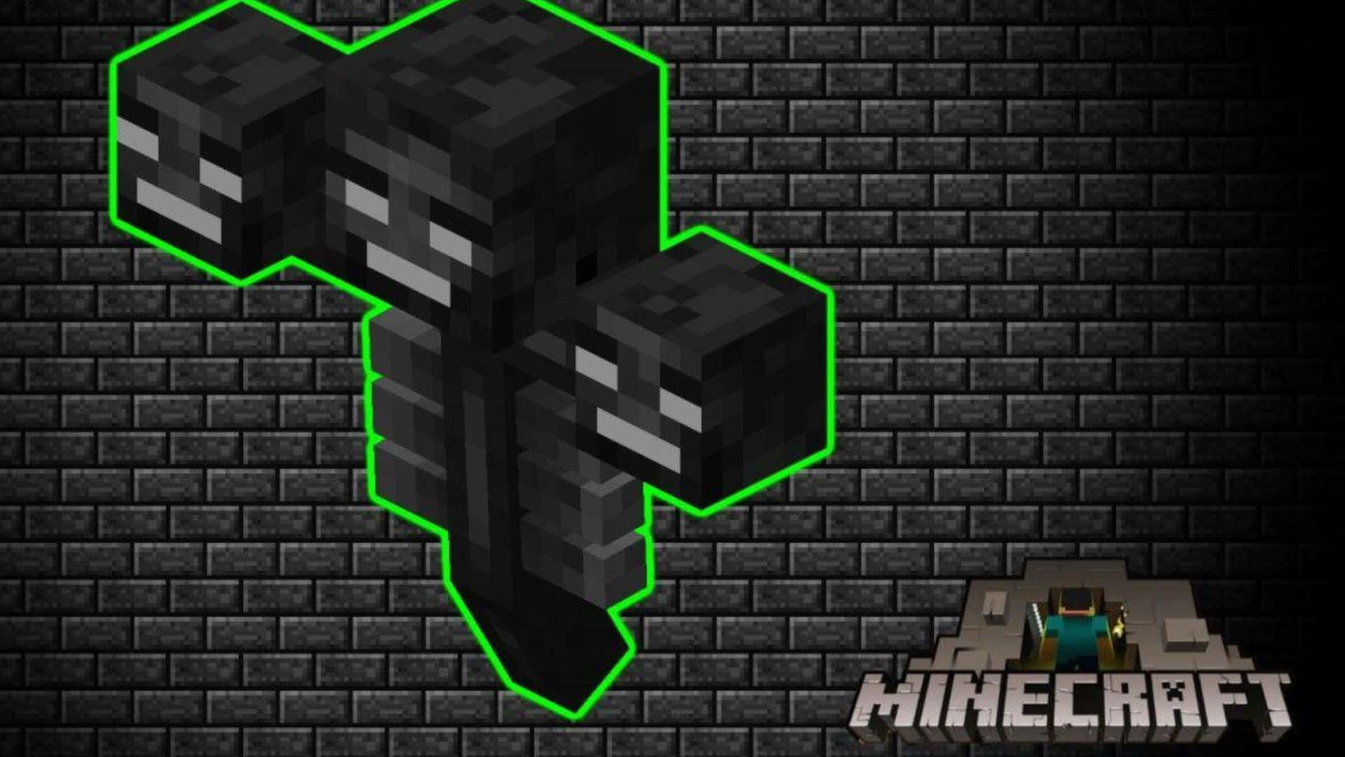 Minecraft Wither 桌布 壁紙 — 一個像素化的Minecraft終界使者，帶有發光的綠色輪廓，站在深色磚牆前，角落裡有一個玩家角色。
