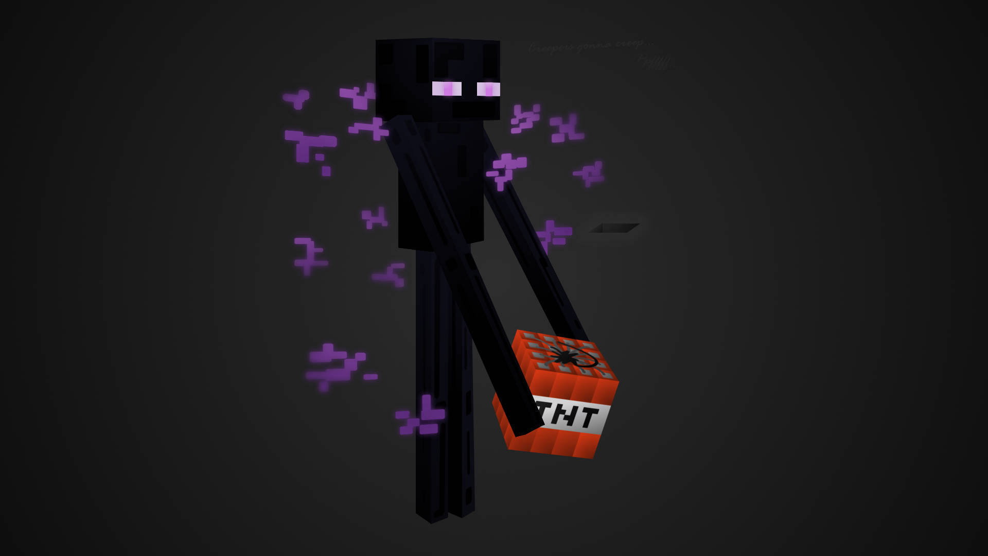 我的世界 終極人 桌布 壁紙 — 一個像素化的Minecraft終界使者，在深灰色背景上手持紅色TNT方塊，周圍有紫色粒子漂浮。