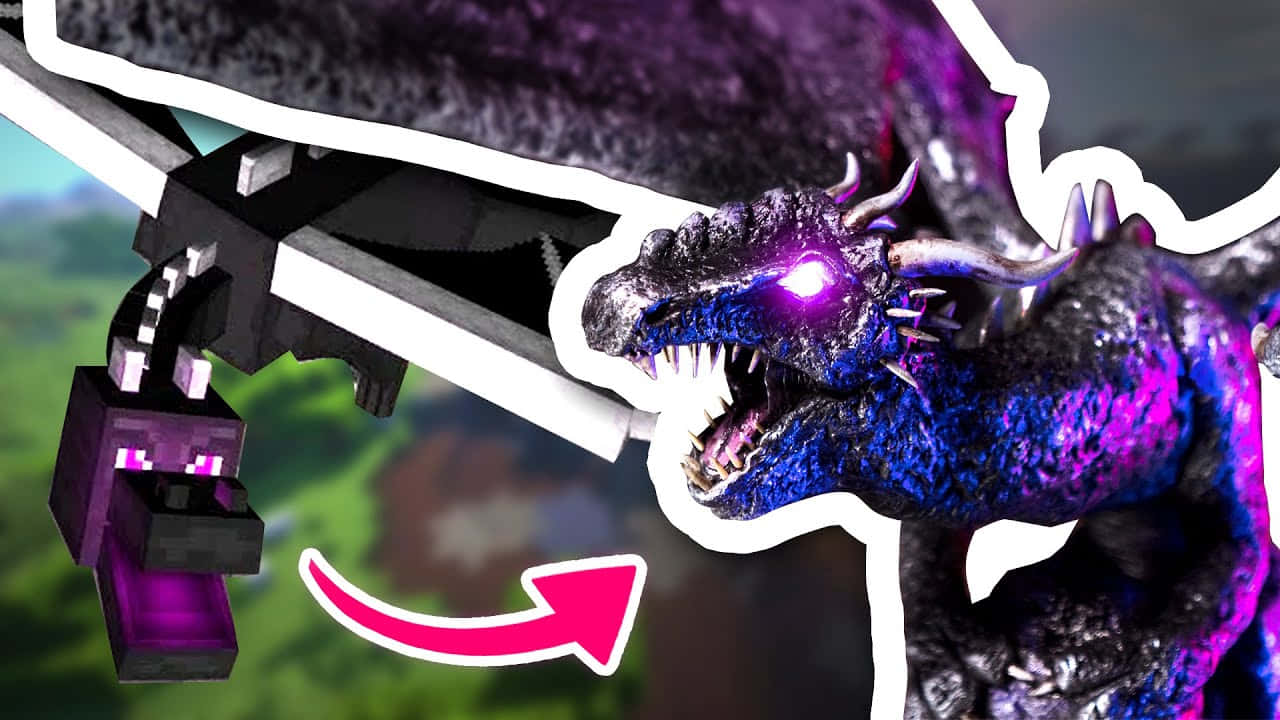 Ender Dragon 桌布 壁紙 — 一個像素化的Minecraft終界使者面對一隻發光紫色和藍色、擁有尖牙和發光眼睛的龍。
