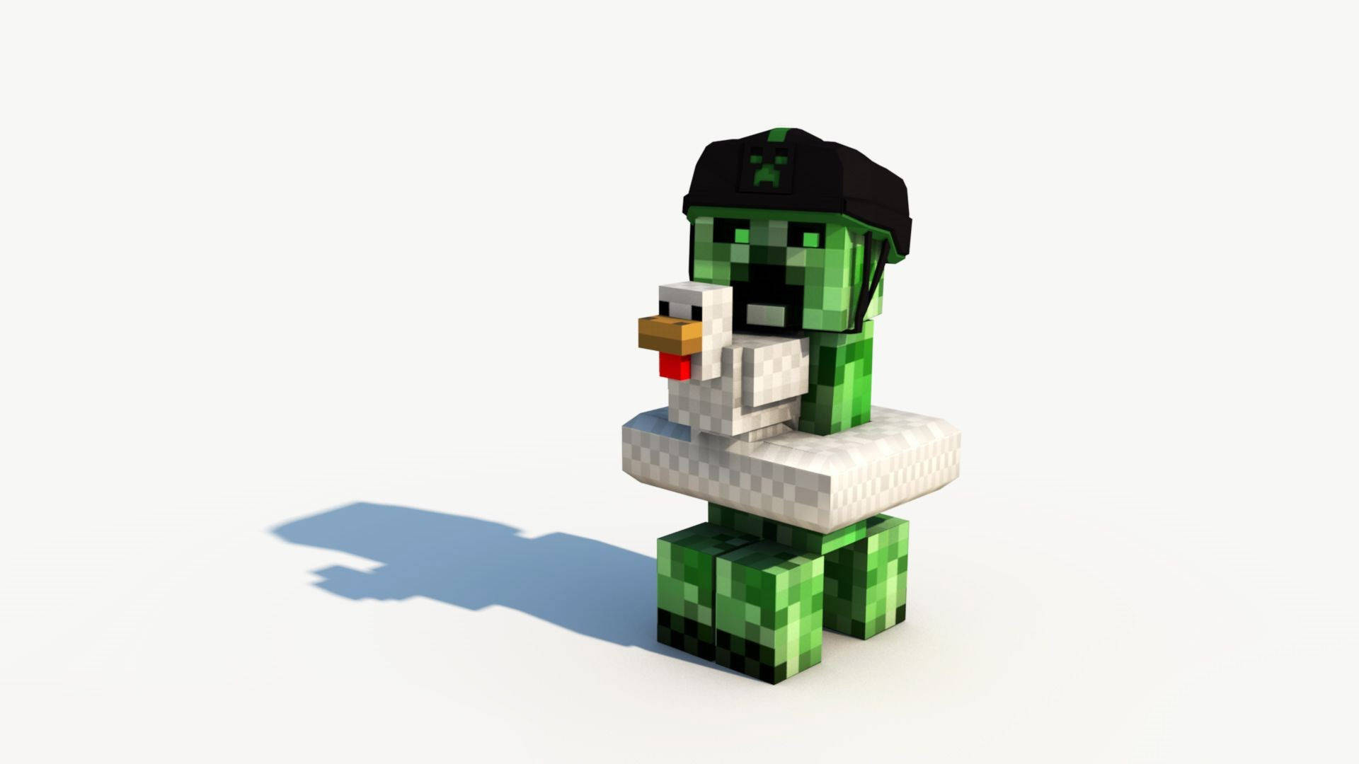 Creeper 桌布 壁紙 — 一個像素化的Minecraft苦力怕戴著黑色帽子，坐在一隻白雞上，背景是純白色。