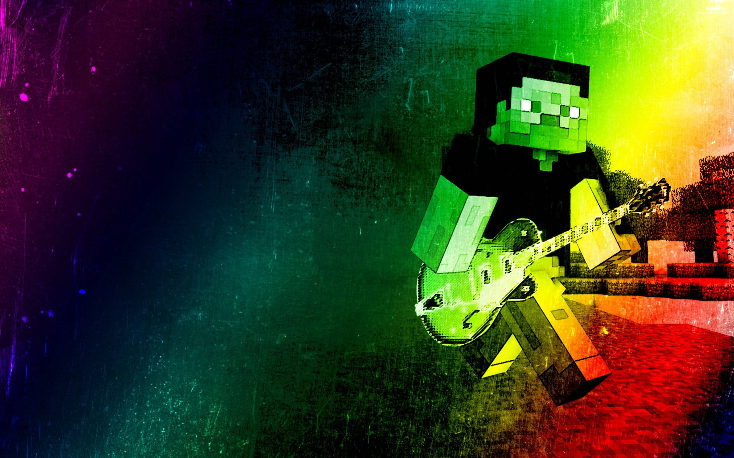 我的世界 史蒂夫 桌布 壁紙 — 一個像素化的Minecraft苦力怕在充滿活力的彩虹漸變背景前彈奏發光的電吉他。
