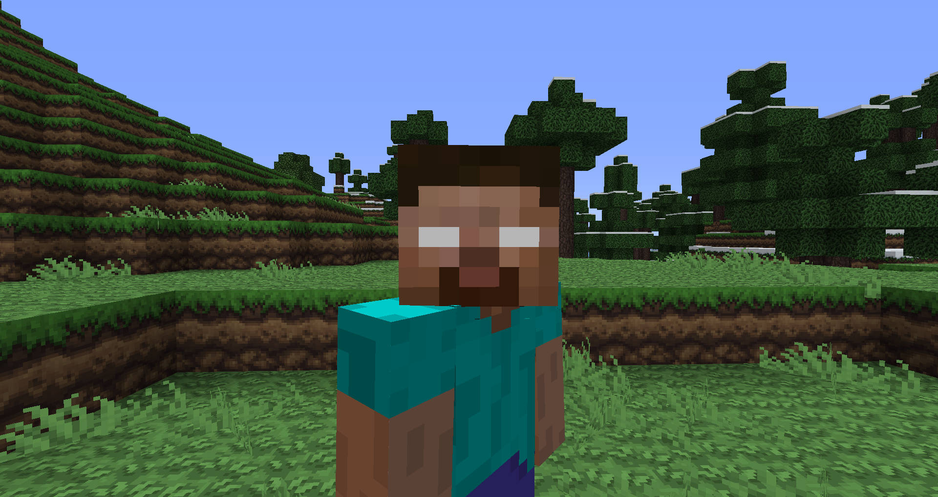 Herobrine 桌布 壁紙 — 一個像素化的Minecraft角色站在草地上，周圍有方塊狀的樹木和梯田狀的山丘，天空清澈湛藍。