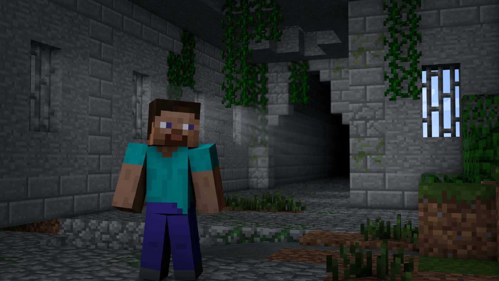 Minecraft Armor 桌布 壁紙 — 一個像素化的Minecraft角色站在一個陰暗的石頭廢墟中，有常春藤和帶欄杆的窗戶。