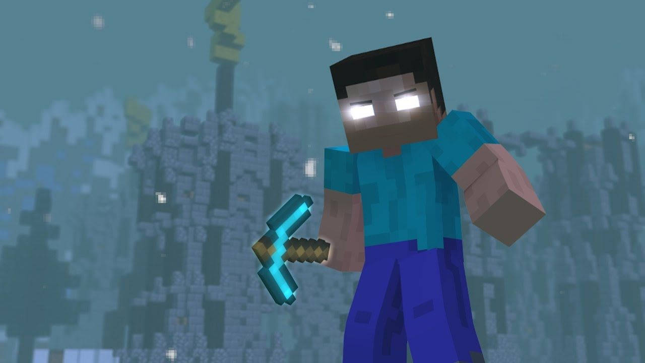 電玩遊戲 桌布 壁紙 — 一個像素化的Minecraft角色，眼睛發光，在積雪的方塊世界中手持鑽石劍。