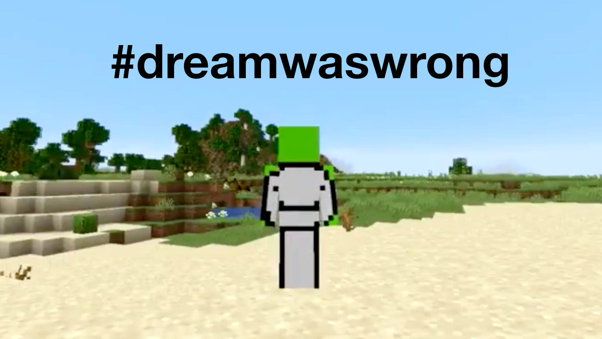 Minecraft角色頭部綠色，站在方塊狀草地景觀中。