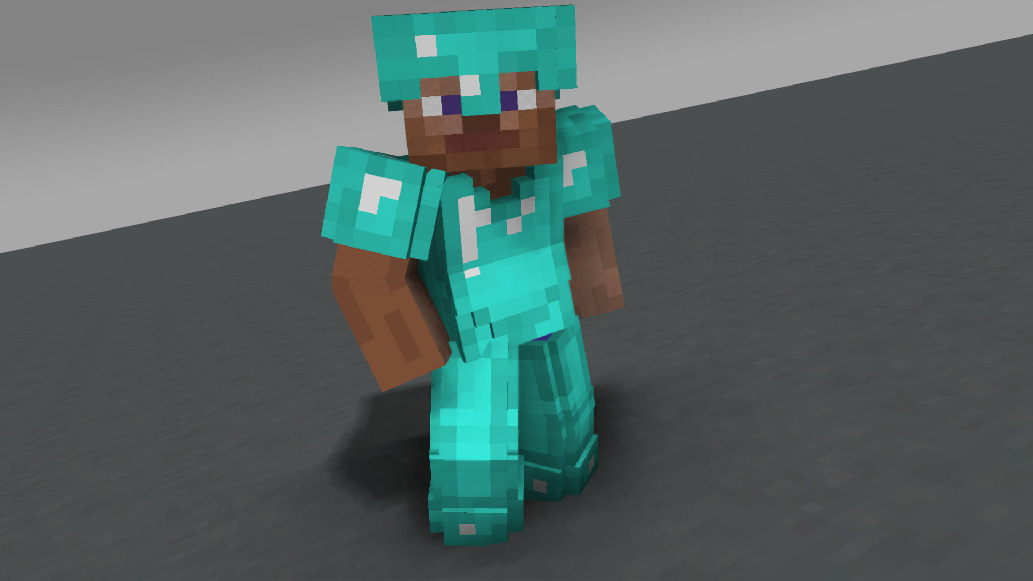我的世界 史蒂夫 桌布 壁紙 — 一個像素化的Minecraft角色穿著全套鑽石盔甲，站在灰色瓷磚地板上，背景簡單。