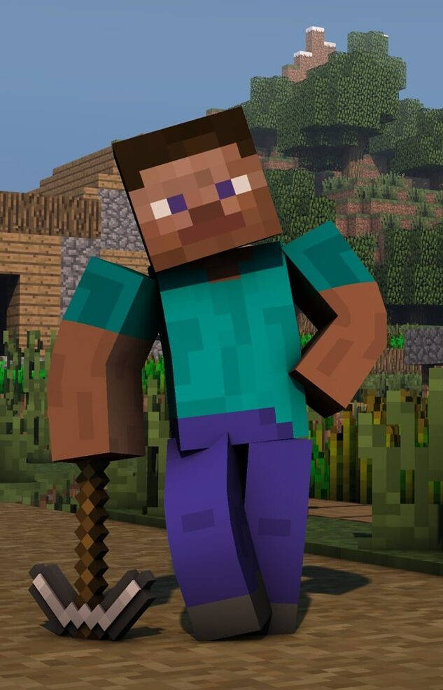最佳我的世界 桌布 壁紙 — 一個像素化的Minecraft角色在晴朗藍天下的方塊森林空地中站著，拿著一把鑽石鎬。