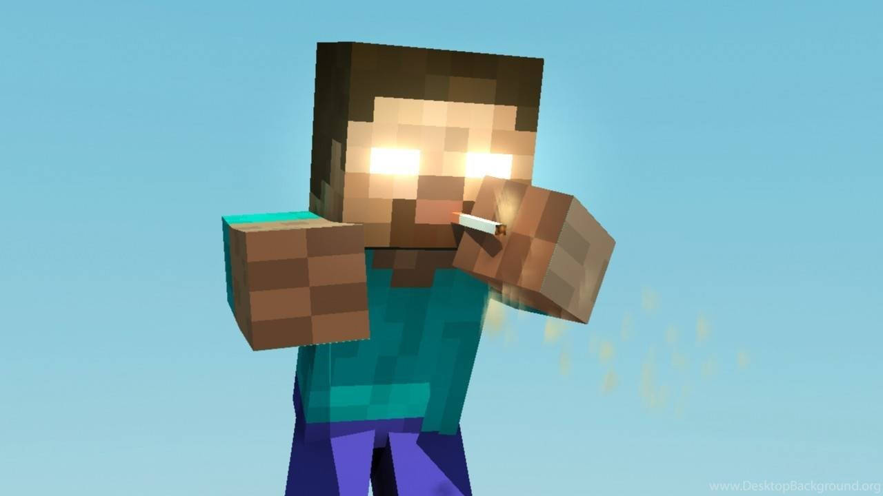 電玩遊戲 桌布 壁紙 — 一個像素化的Minecraft角色在清澈的藍天下從香煙中吹出煙霧。