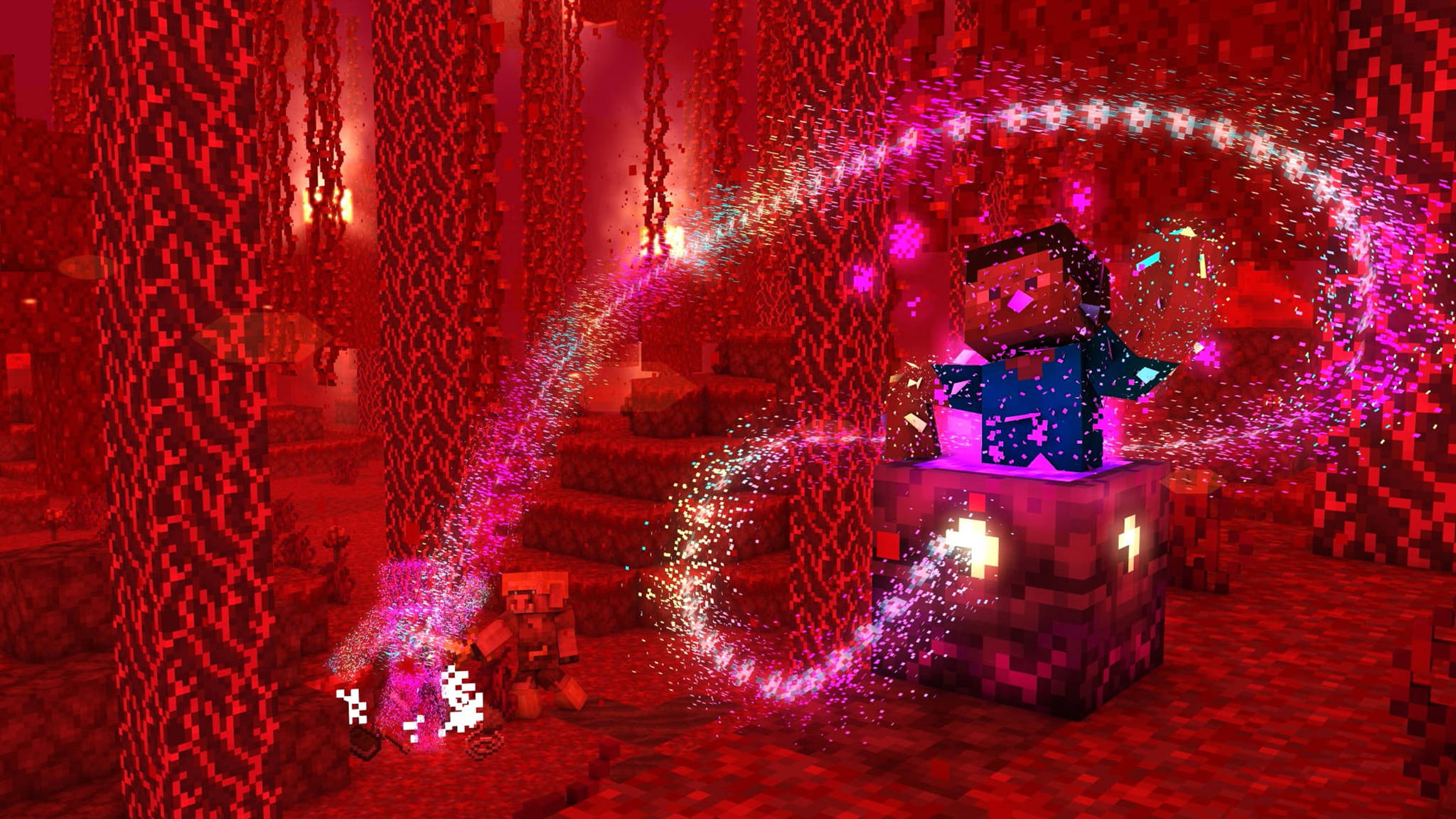 我的世界 史蒂夫 桌布 壁紙 — 一個像素化的Minecraft角色在紅色地獄堡壘中施放發光的粉紅色咒語，周圍有懸掛的鎖鏈和火熱的氛圍。