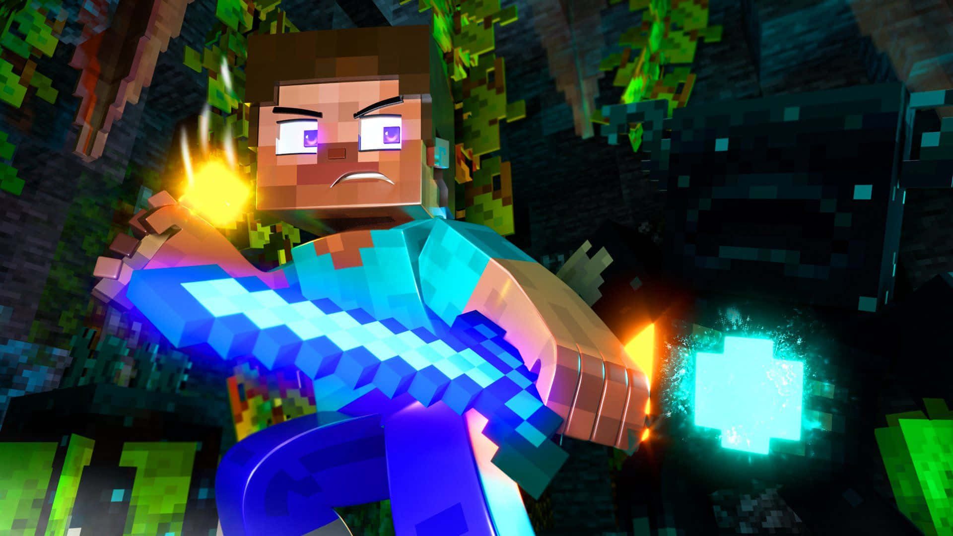 Minecraft Villagers 桌布 壁紙 — 一個像素化的Minecraft角色在一個黑暗的洞穴中揮舞著一把發光的藍色劍，周圍有綠色植物和火花。