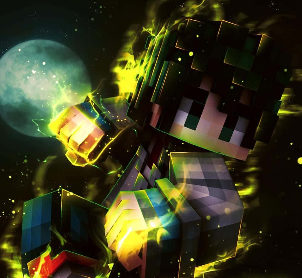 Aura 桌布 壁紙 — 一個像素化的Minecraft角色在宇宙背景下散發出電光綠色的能量，背景中有一輪發光的月亮。