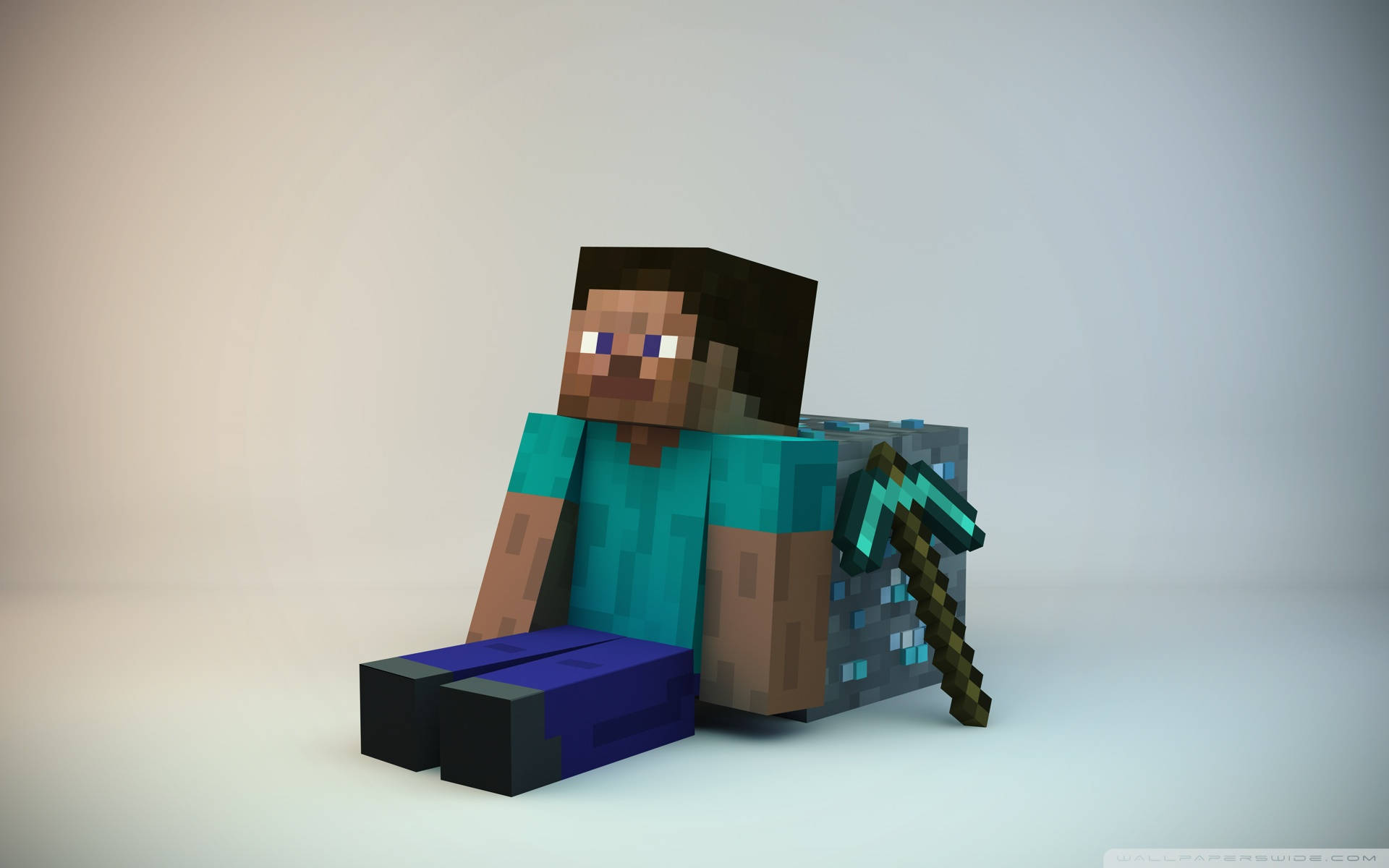我的世界 史蒂夫 桌布 壁紙 — 一個像素化的Minecraft角色平靜地坐著，手持鑽石劍，背景是柔和的漸變色。