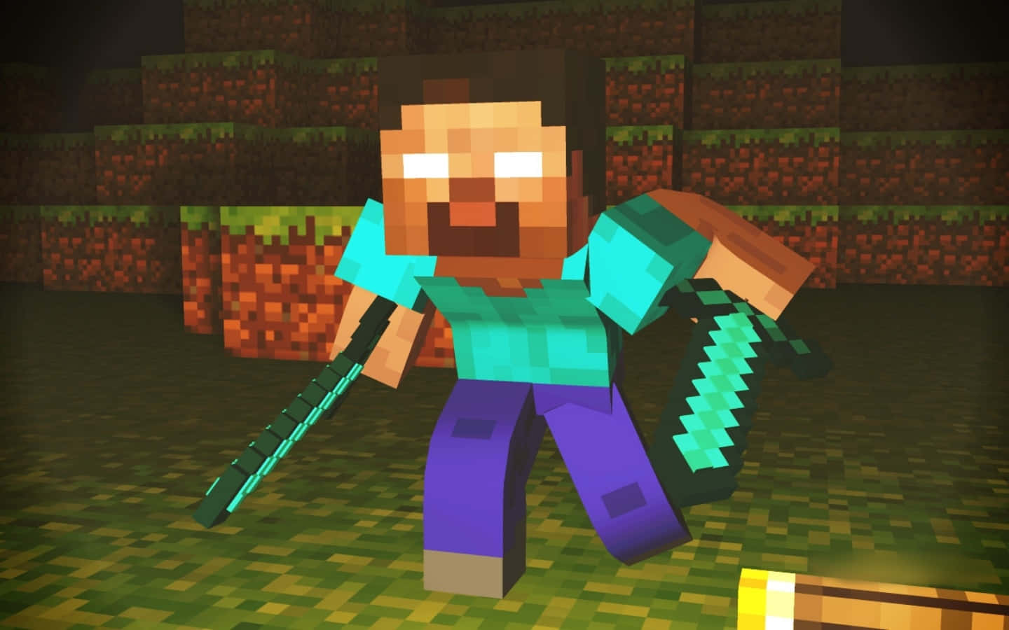 Minecraft Villager 桌布 壁紙 — 一個像素化的Minecraft角色手持鑽石劍，站在一個光線昏暗的地下洞穴中，有泥土方塊和草地。