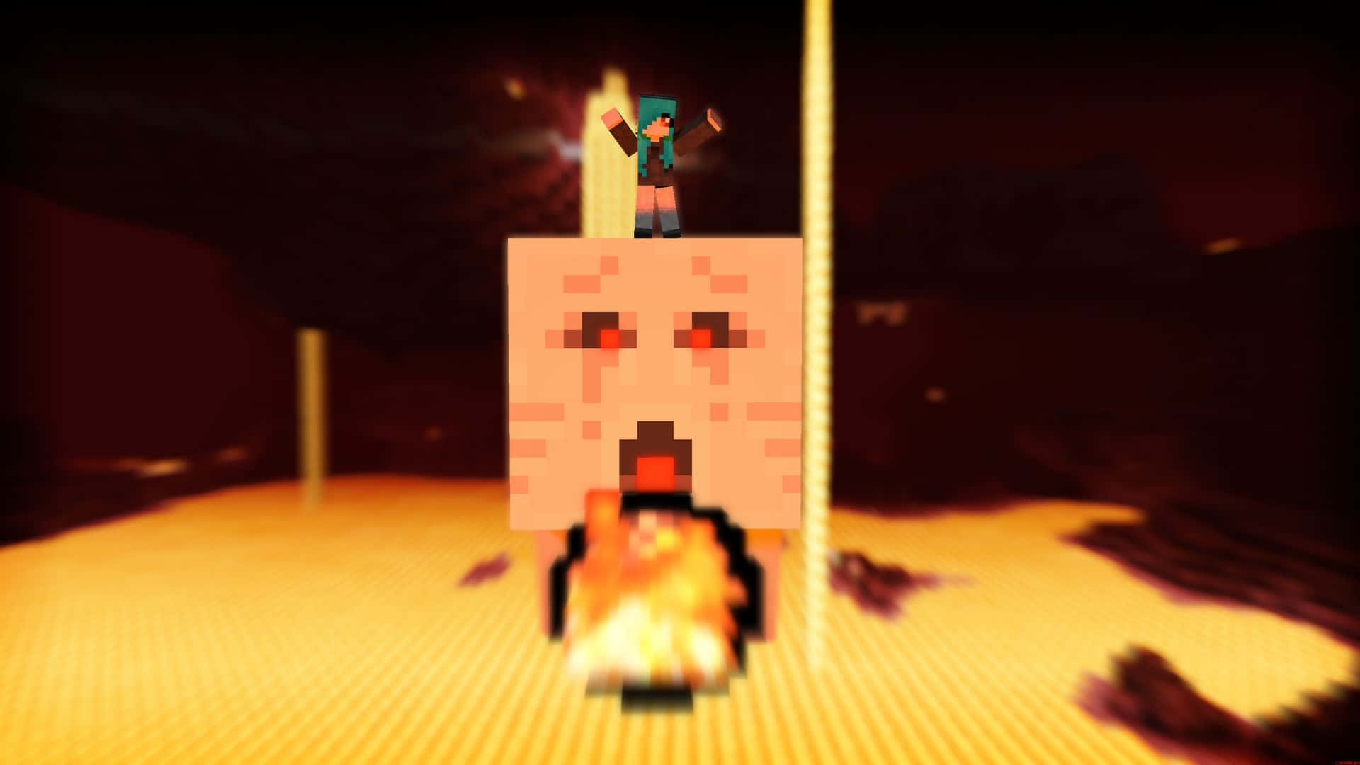 Minecraft Ghast 桌布 壁紙 — 一個像素化的Minecraft角色勝利地站在一個巨大的像素化臉上，該臉在黑暗的洞穴中有發光的紅色眼睛和火焰般的嘴巴。