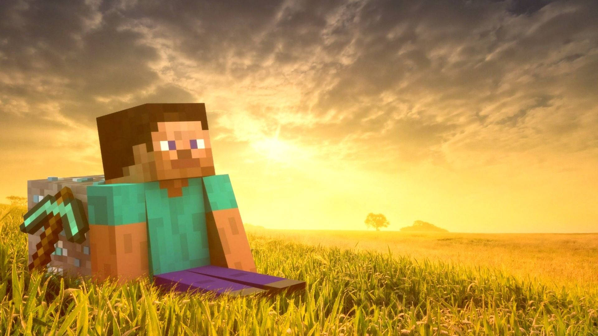 高清 桌布 壁紙 — 一個像素化的Minecraft角色在日落時坐在草地上，手持鑽石劍。