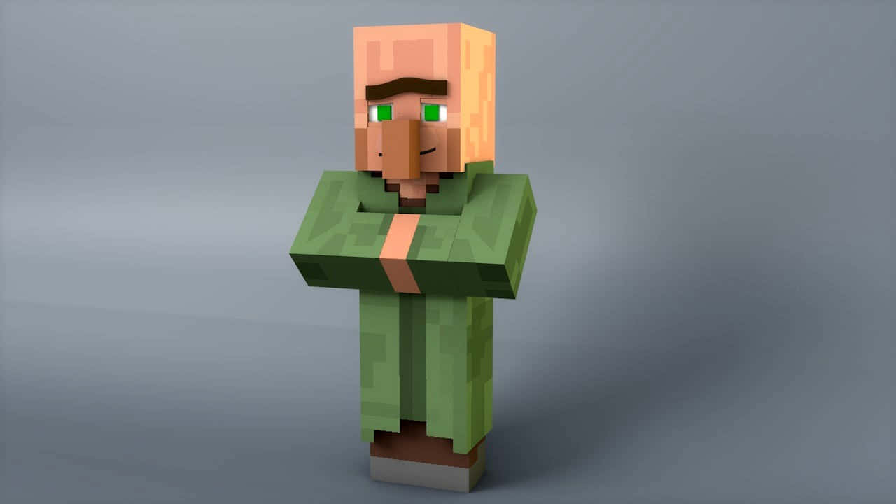 Minecraft Villager 桌布 壁紙 — 一個像素化的Minecraft角色，擁有綠色眼睛和綠色盔甲，自信地站在純灰色背景前。