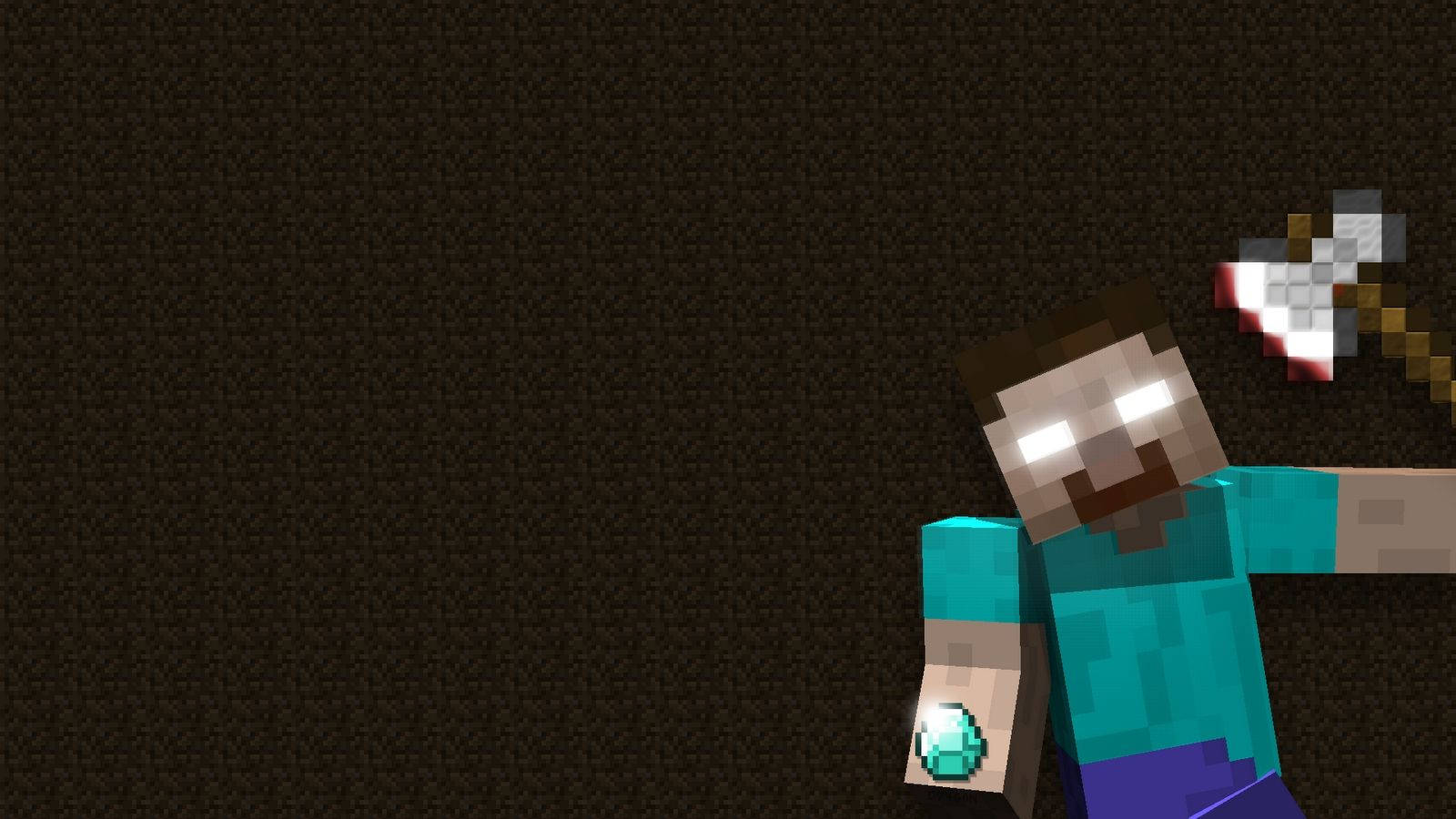 電玩遊戲 桌布 壁紙 — 一個像素化的Minecraft角色，眼睛發光，在黑暗紋理背景上手持鑽石劍和綠寶石。