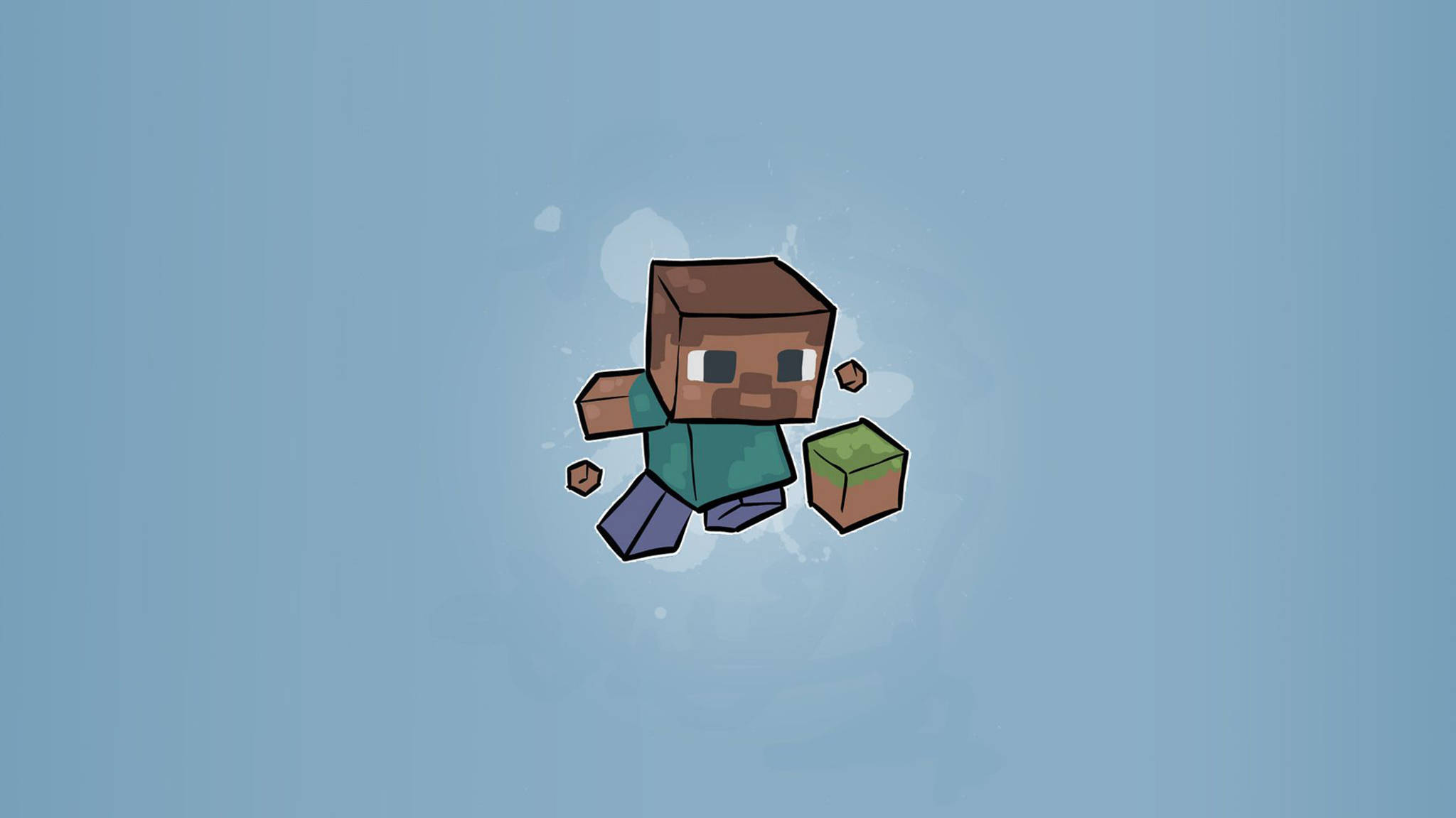 我的世界 史蒂夫 桌布 壁紙 — 一個像素化的Minecraft角色，身穿青綠色襯衫和紫色褲子，在柔和的藍色漸變背景前拿著一個草方塊。
