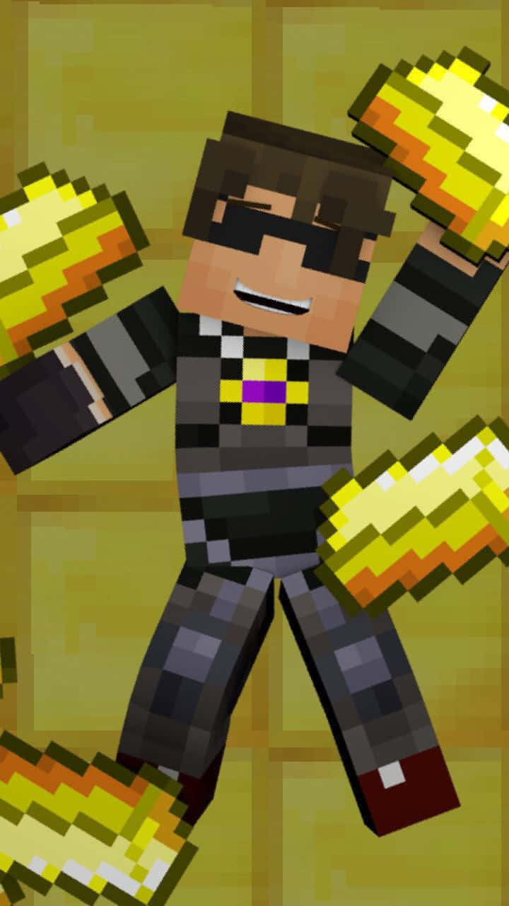 Minecraft Youtubers 桌布 壁紙 — 一個像素化的Minecraft角色，戴著太陽眼鏡和格子衫，在溫暖的黃色背景前高興地拿著發光的金色方塊。