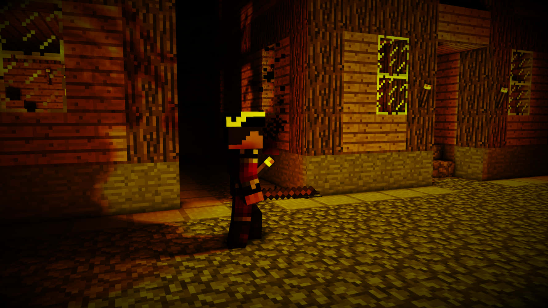 海盜 桌布 壁紙 — 一個像素化的Minecraft角色手持火炬，夜晚站在光線昏暗的木造村莊中。
