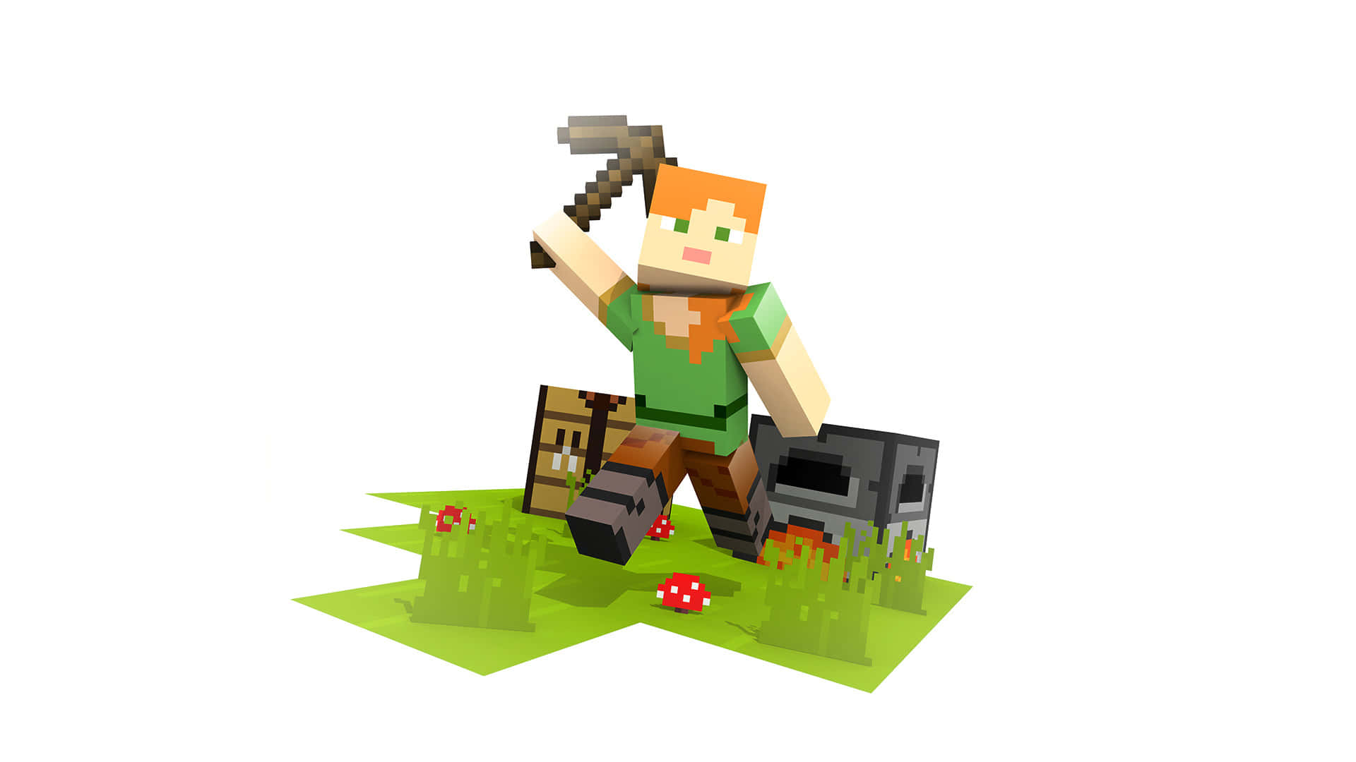 Minecraft Alex 桌布 壁紙 — 一個像素化的Minecraft角色，橙色頭髮，在草地上揮舞鎬子，旁邊有箱子和熔爐，還有紅色蘑菇。