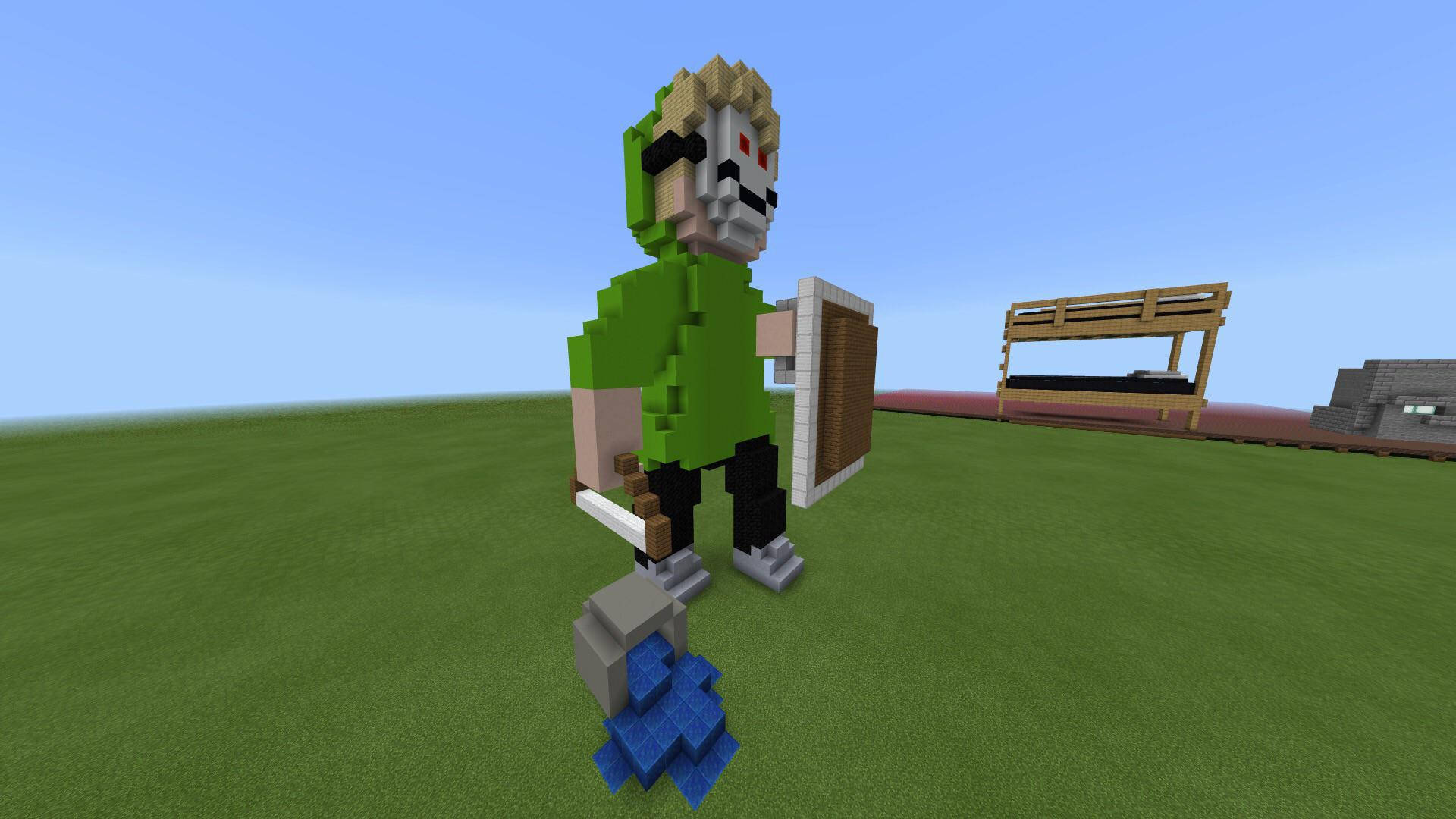 Minecraft角色戴著骷髏面具，在草地上手持盾牌和劍。