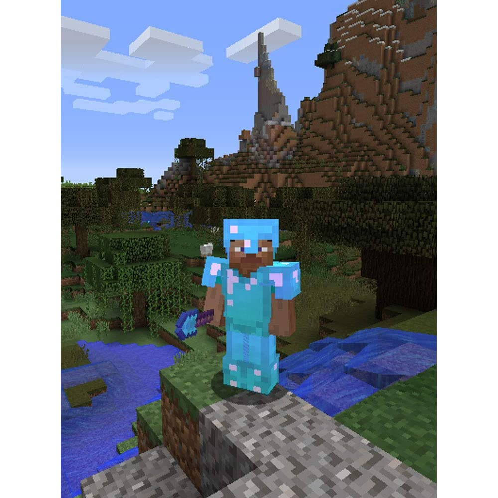 Herobrine 桌布 壁紙 — 一個像素化的Minecraft角色穿著鑽石盔甲，站在懸崖上，俯瞰著河流和森林，天空呈方塊狀。