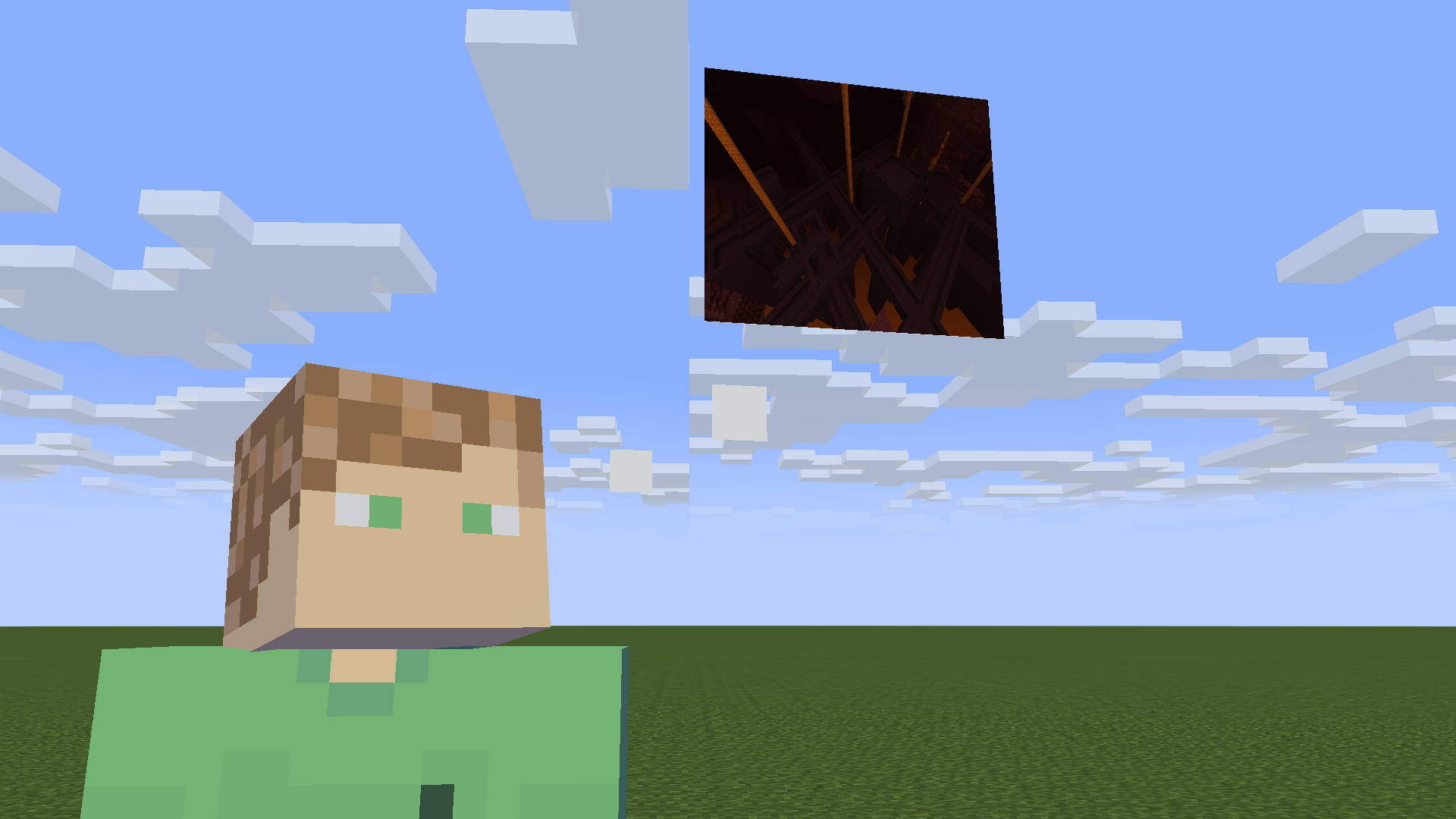 Minecraft角色在方塊世界中看著一個浮動的地獄傳送門。