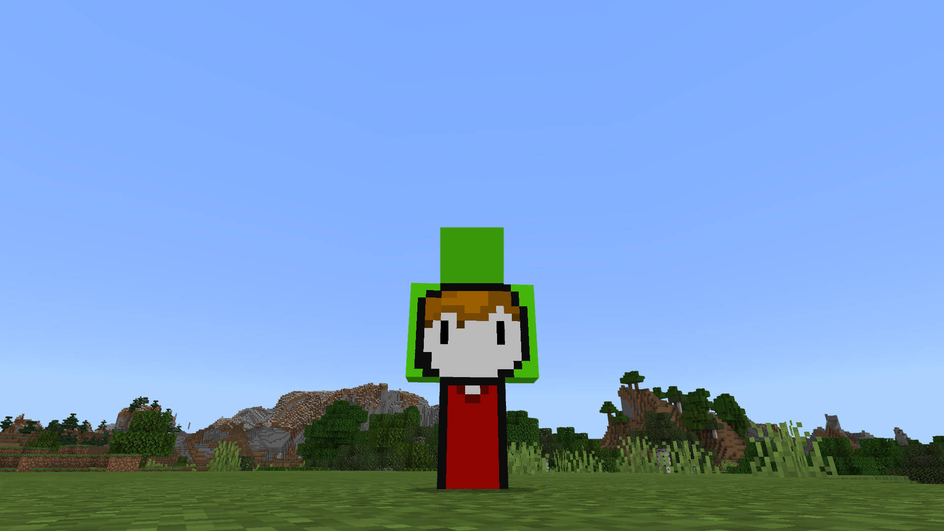 Minecraft角色戴綠色帽子和紅色長袍站在草地上