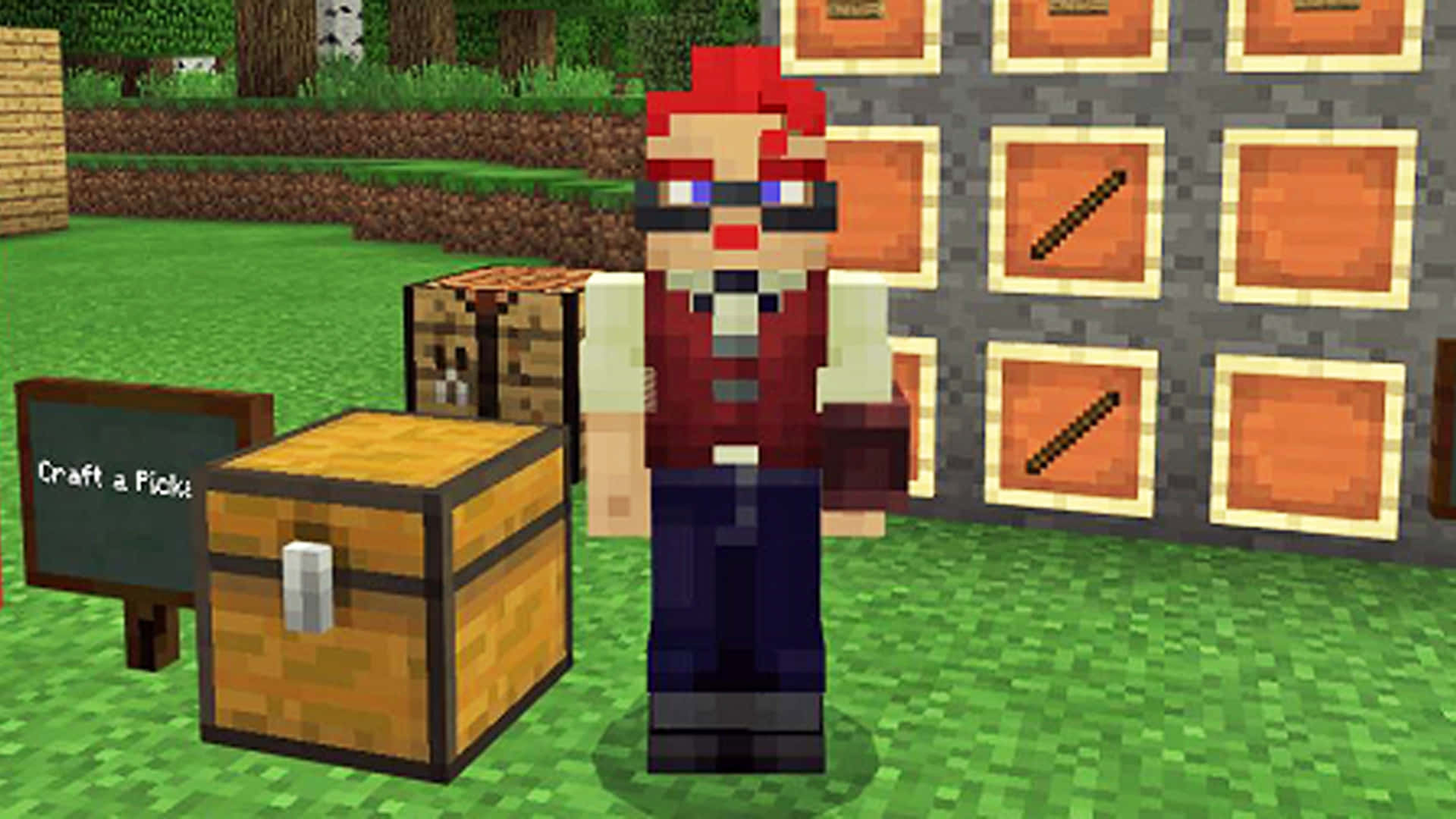 Minecraft Education Edition 桌布 壁紙 — 一個像素化的Minecraft角色，紅髮戴眼鏡，站在一個有草地的方塊世界中，旁邊有工作台和儲物箱。