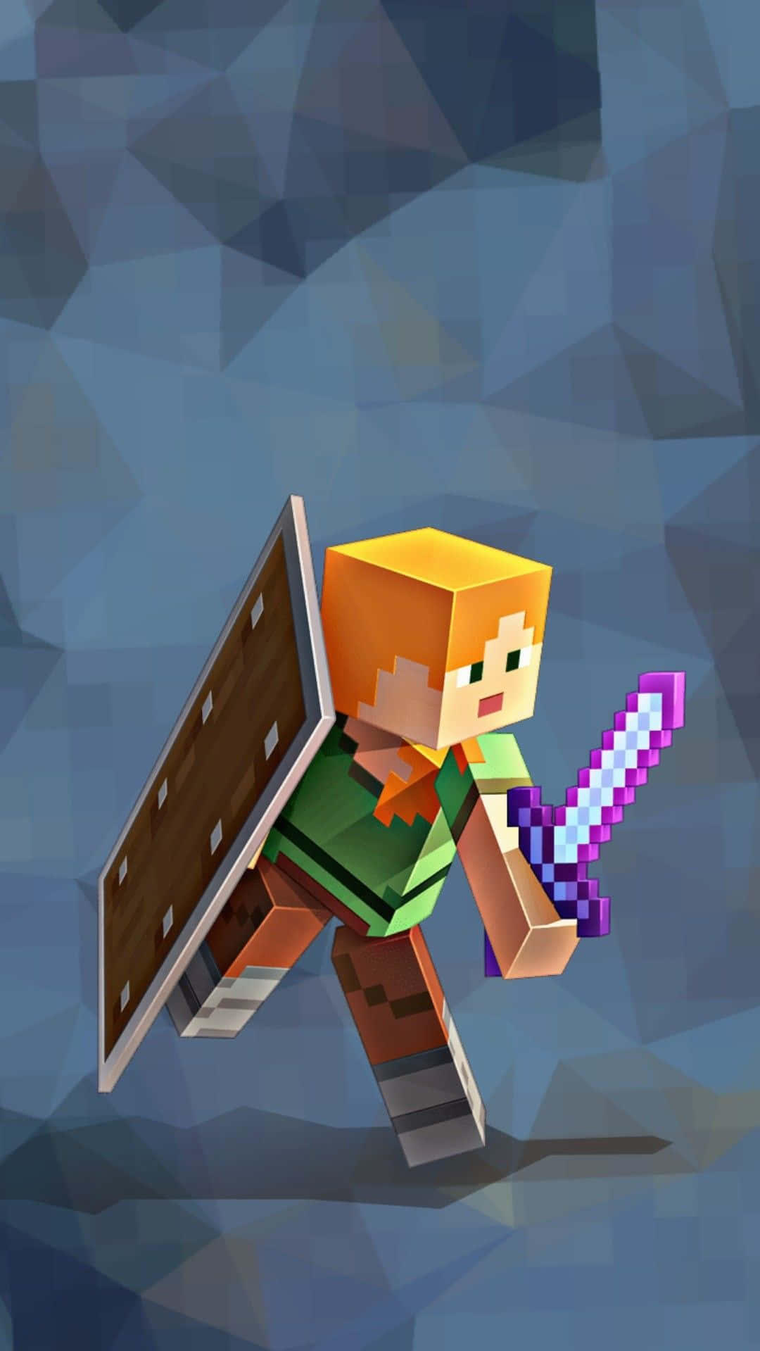 Minecraft Alex 桌布 壁紙 — 一個像素化的Minecraft角色，橙色頭髮，在藍色多邊形背景前揮舞著發光的劍和盾牌。