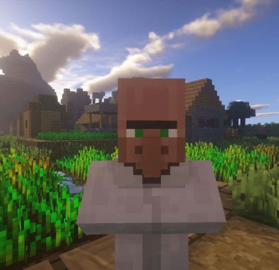 Minecraft Survival 桌布 壁紙 — 一個像素化的Minecraft角色站在草地上，周圍有木製結構和山脈，天空多雲而藍。