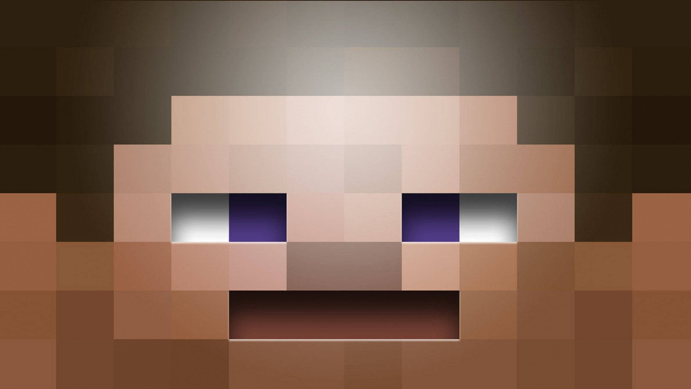 我的世界 史蒂夫 桌布 壁紙 — 一個像素化的Minecraft角色面孔，帶有發光的紫色眼睛和張開的大嘴，背景為深色漸變。