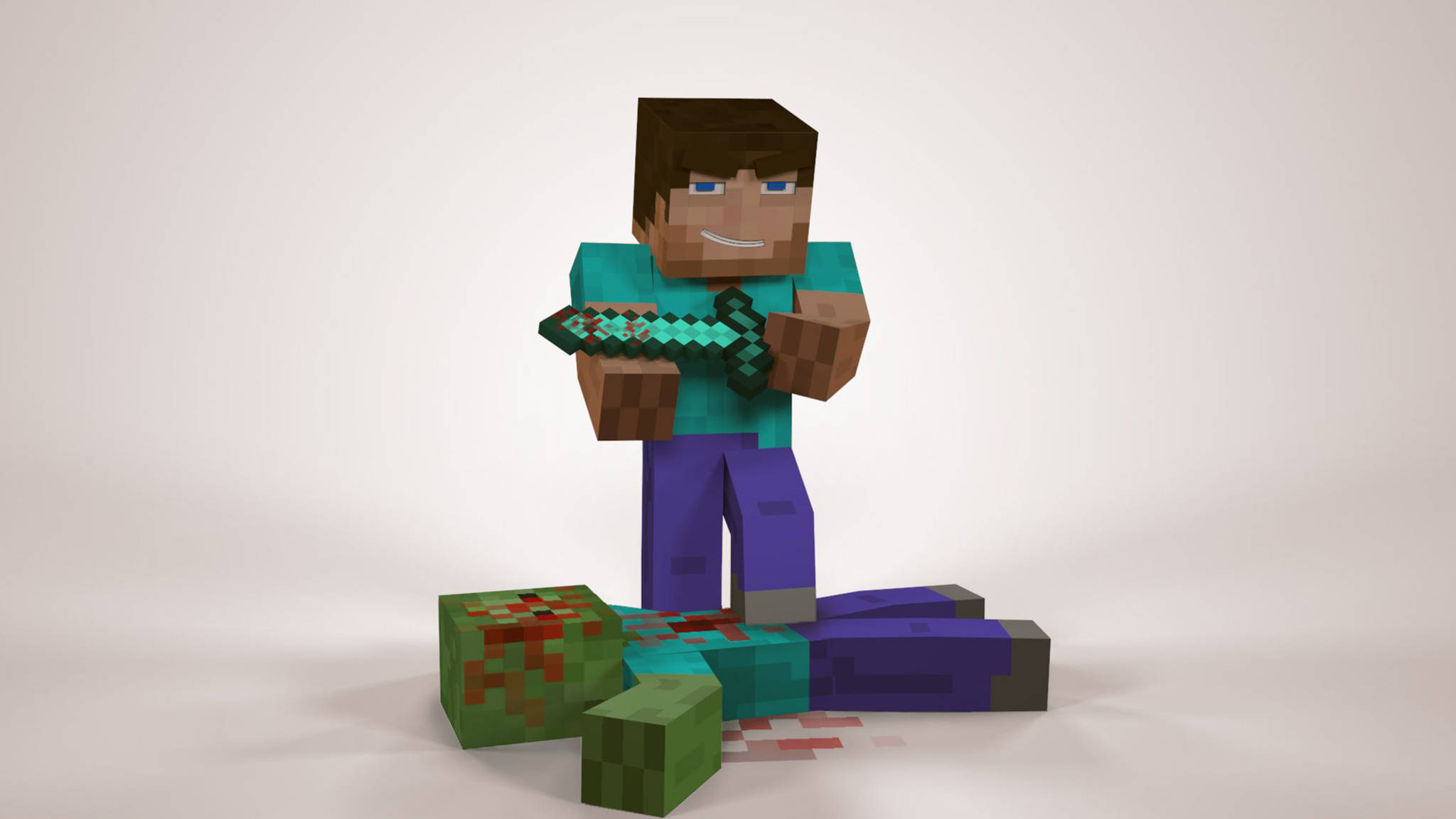 我的世界 史蒂夫 桌布 壁紙 — 一個像素化的Minecraft角色手持鑽石劍站立，旁邊有一個倒下的方塊形人物。
