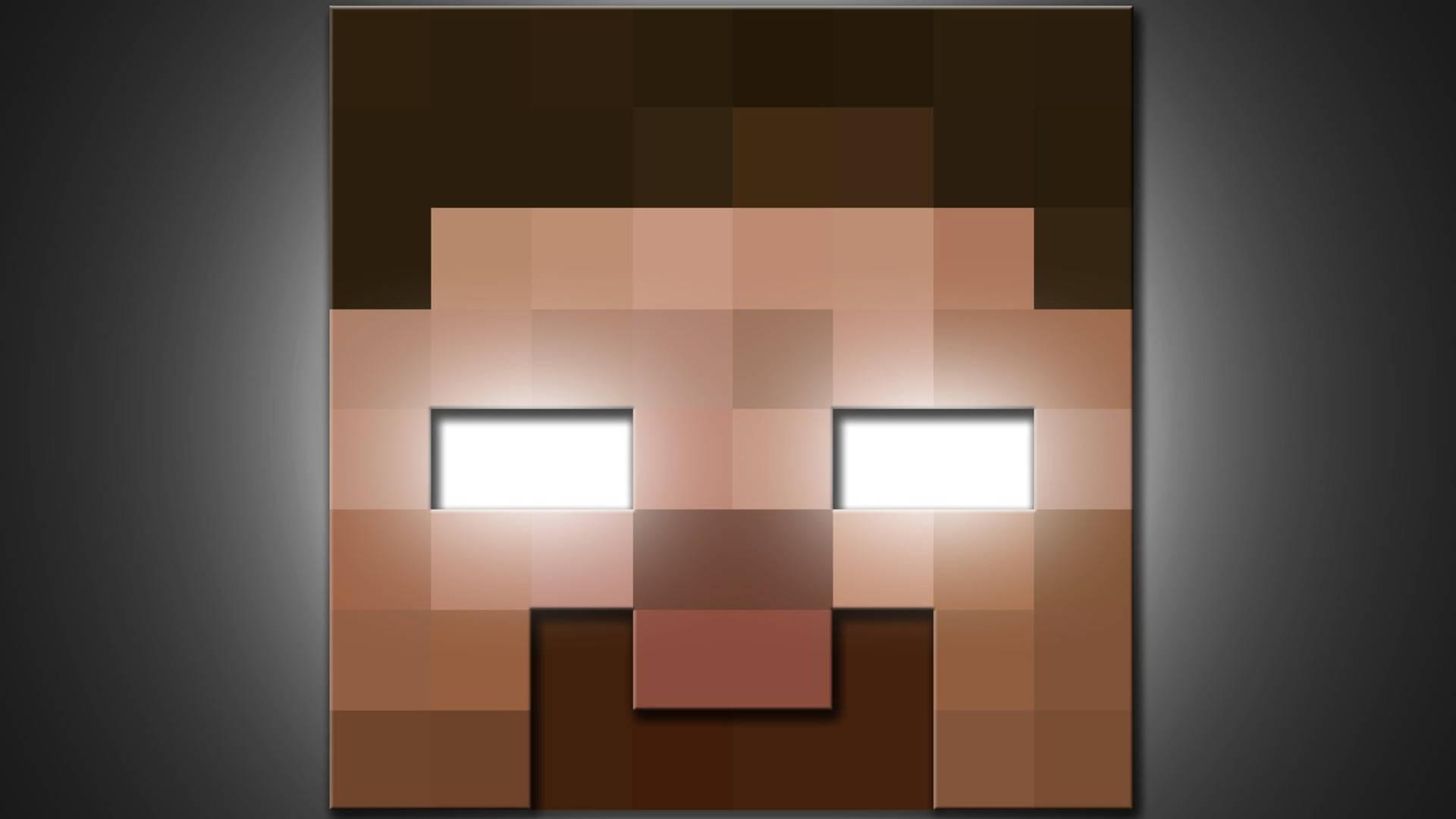 電玩遊戲 桌布 壁紙 — 一個像素化的Minecraft角色面孔，在深色漸變背景上有一雙發光的白色眼睛。