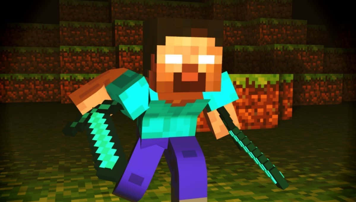 Animated 桌布 壁紙 — 一個像素化的Minecraft角色，眼睛發光，在光線昏暗的地下洞穴中揮舞著鑽石劍。