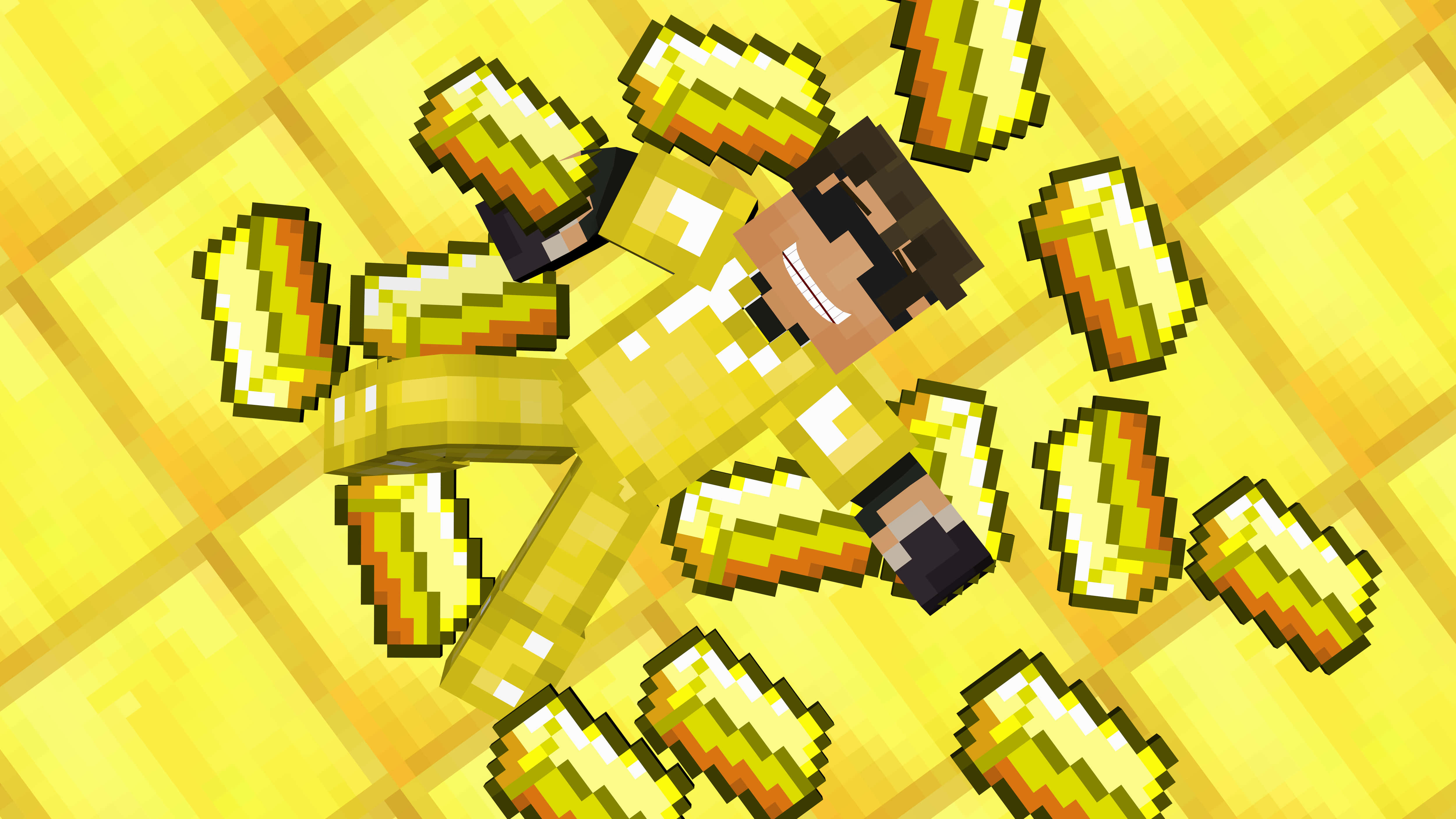 Minecraft Youtubers 桌布 壁紙 — 一個像素化的Minecraft角色穿著金色盔甲，微笑著躺在金色方塊地板上，周圍漂浮著金錠。