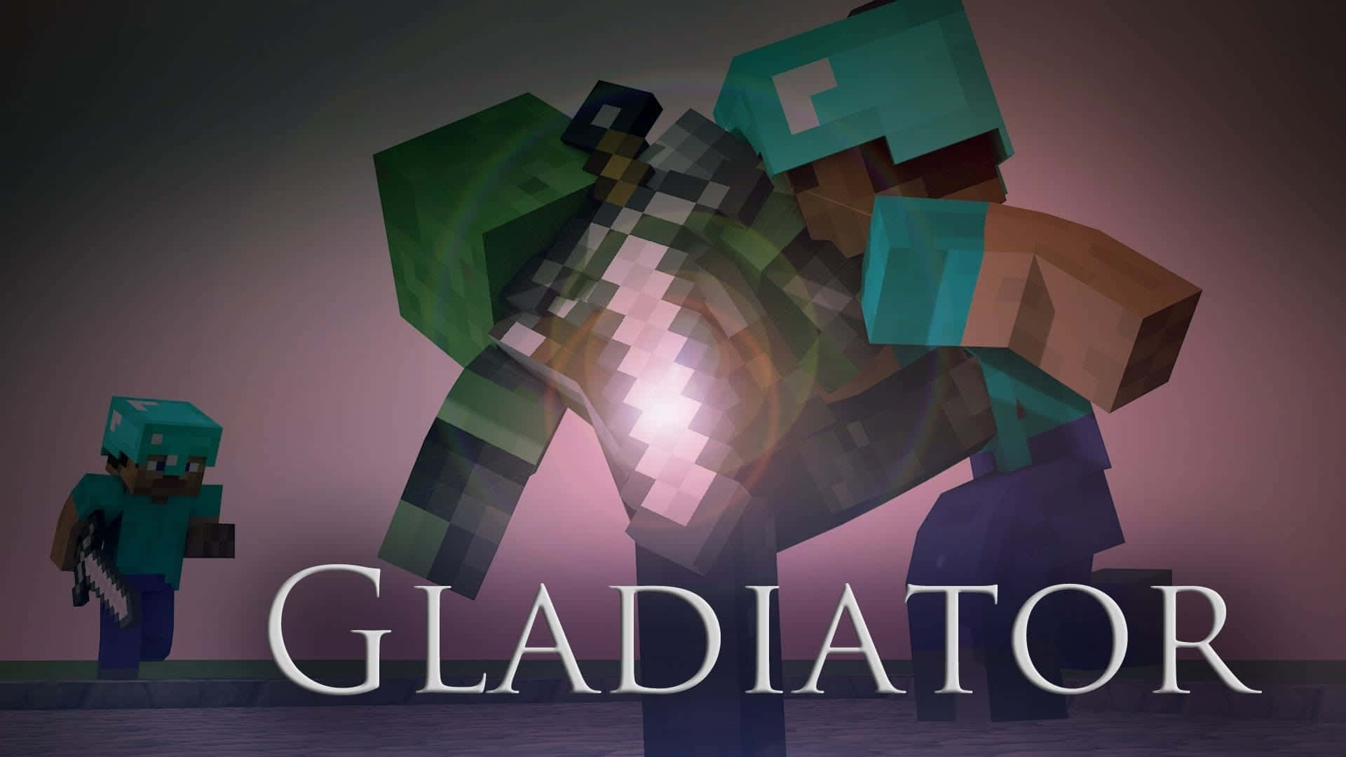 Minecraft Fight 桌布 壁紙 — 一個像素化的Minecraft角鬥士，胸前發光，在昏暗的競技場中威嚴地站在一個較小的玩家旁邊。