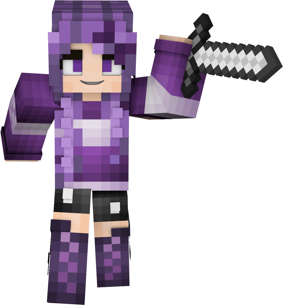 Minecraft Characters 桌布 壁紙 — 一個像素化的Minecraft角色，紫色頭髮和服裝，在黑色背景上揮舞著鑽石劍。